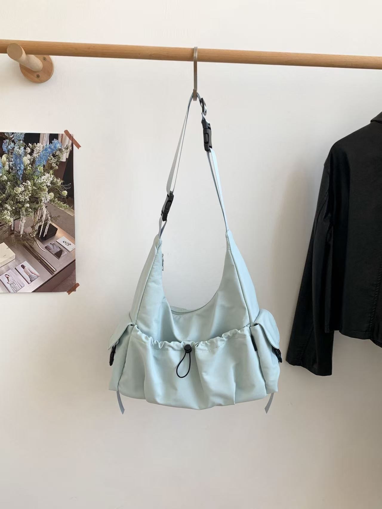 ジップアップバックルポケットドローコード無地ショルダーバッグ | 詳細画像8