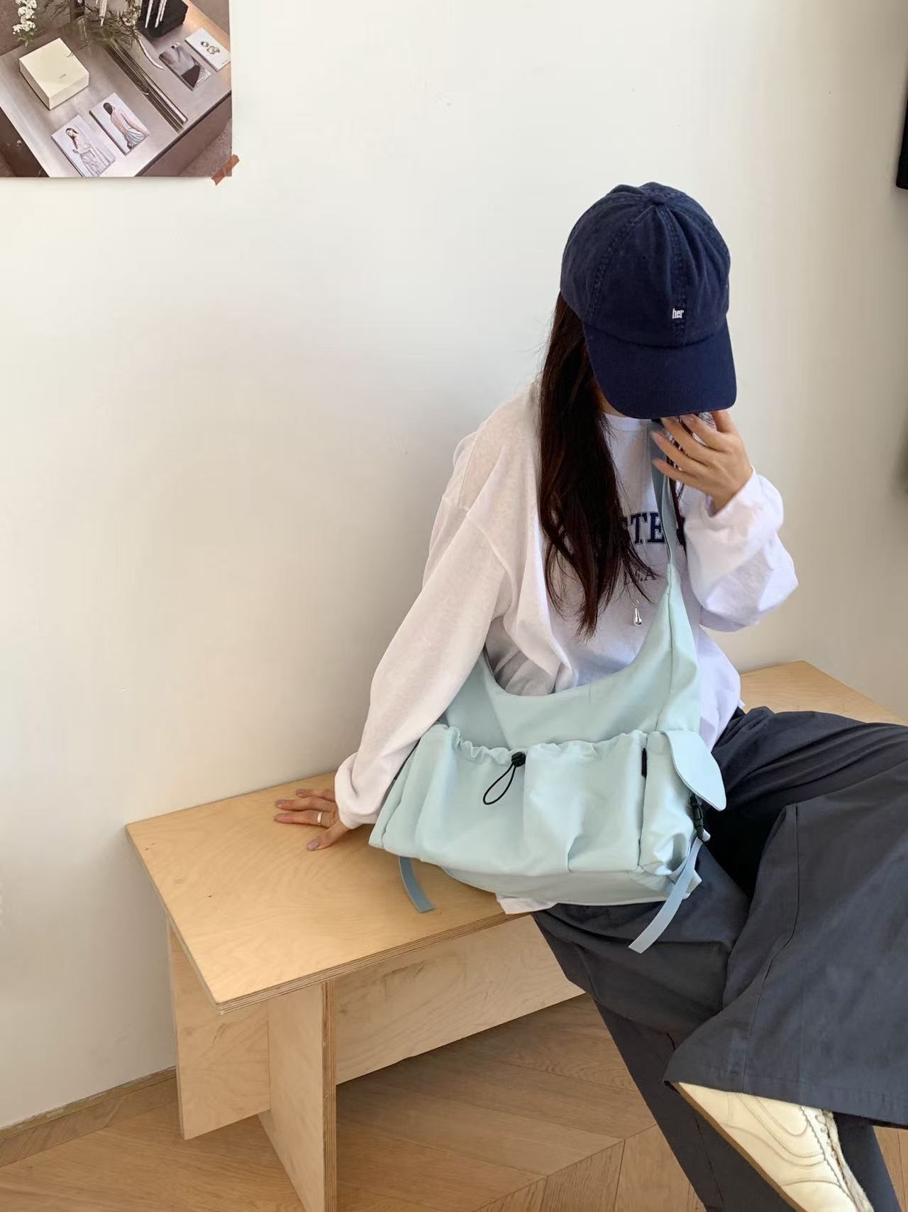 ジップアップバックルポケットドローコード無地ショルダーバッグ | 詳細画像6