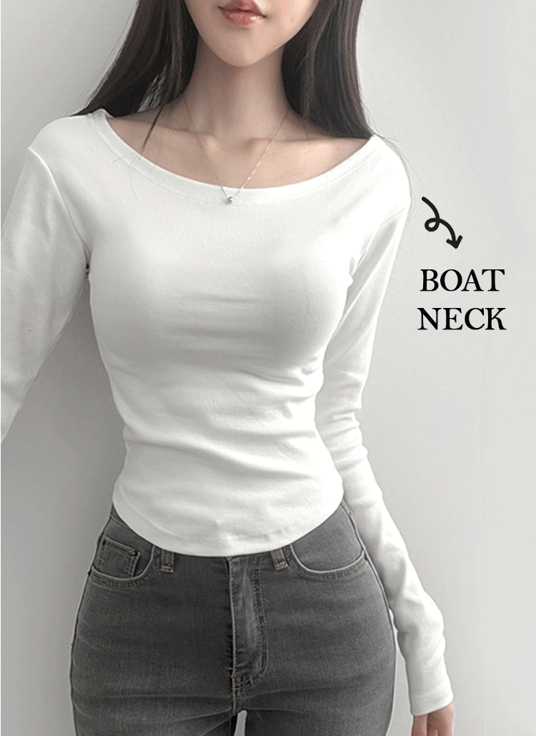 ボートネックスリム長袖クロップドワンショルダー無地Tシャツ