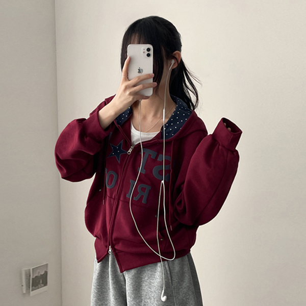 コットンフードポケットドロップショルダーダブルジップ長袖ルーズ