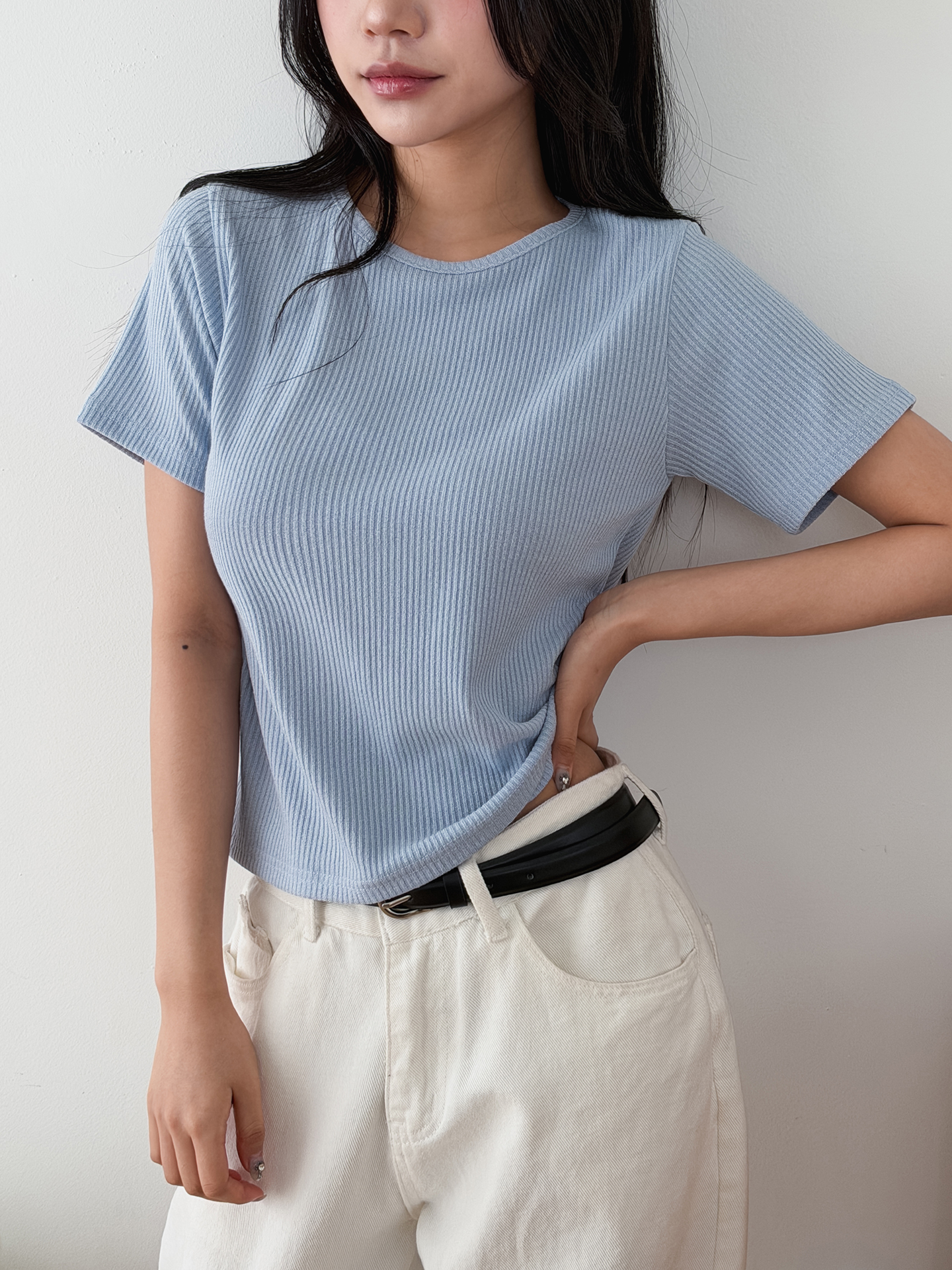 リブラウンドネックベーシックスリム半袖ニット | 詳細画像4