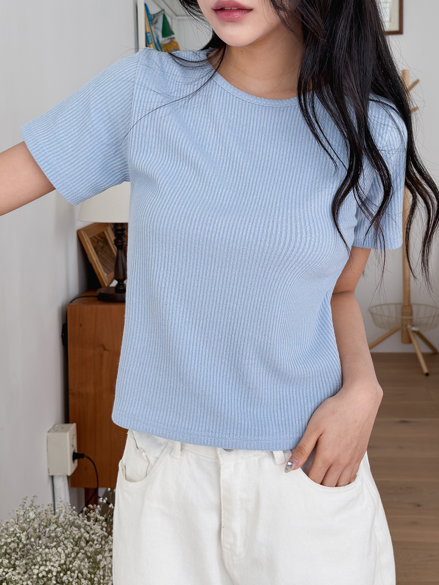 リブラウンドネックベーシックスリム半袖ニット | 詳細画像8