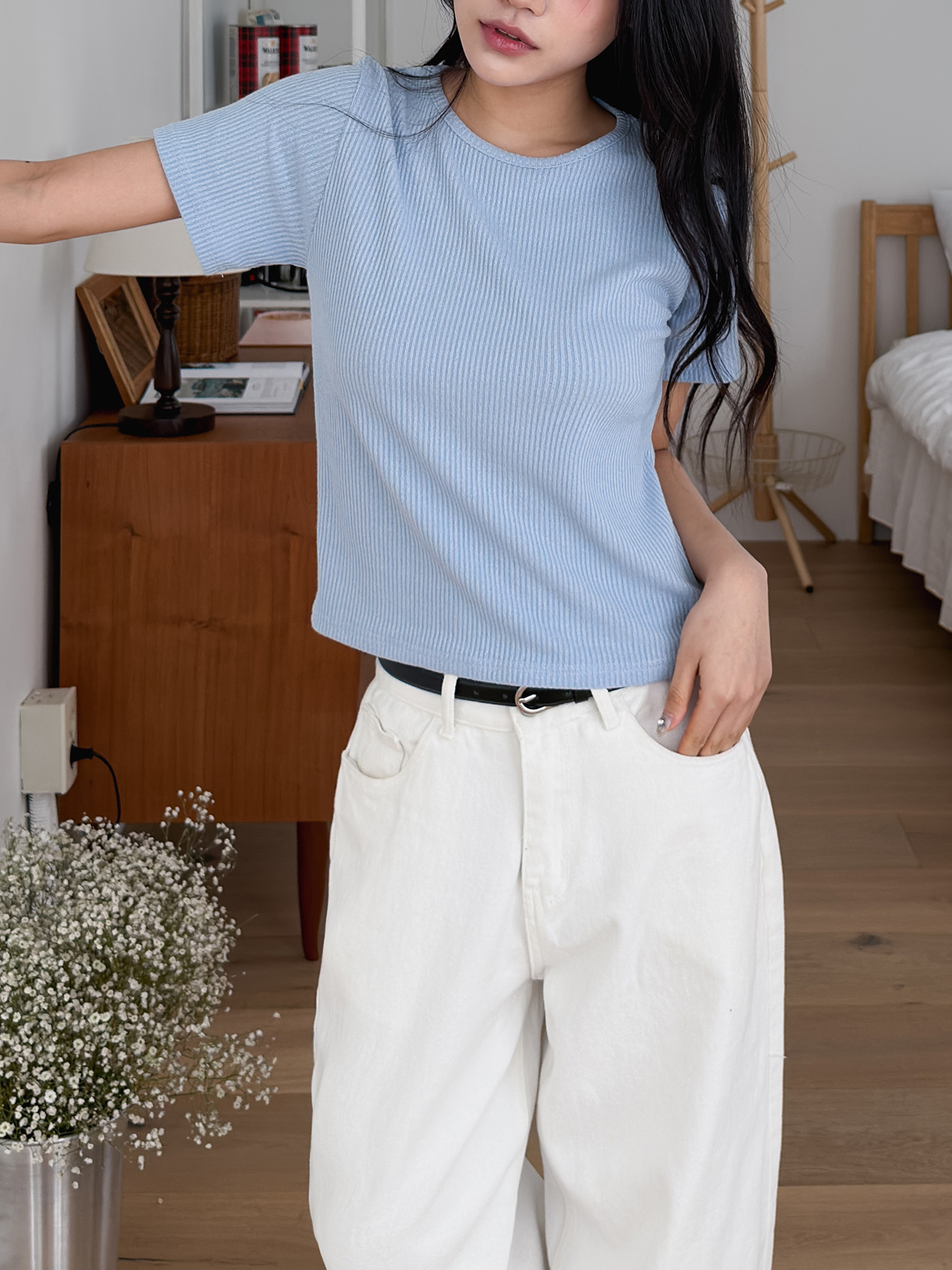 リブラウンドネックベーシックスリム半袖ニット | 詳細画像9