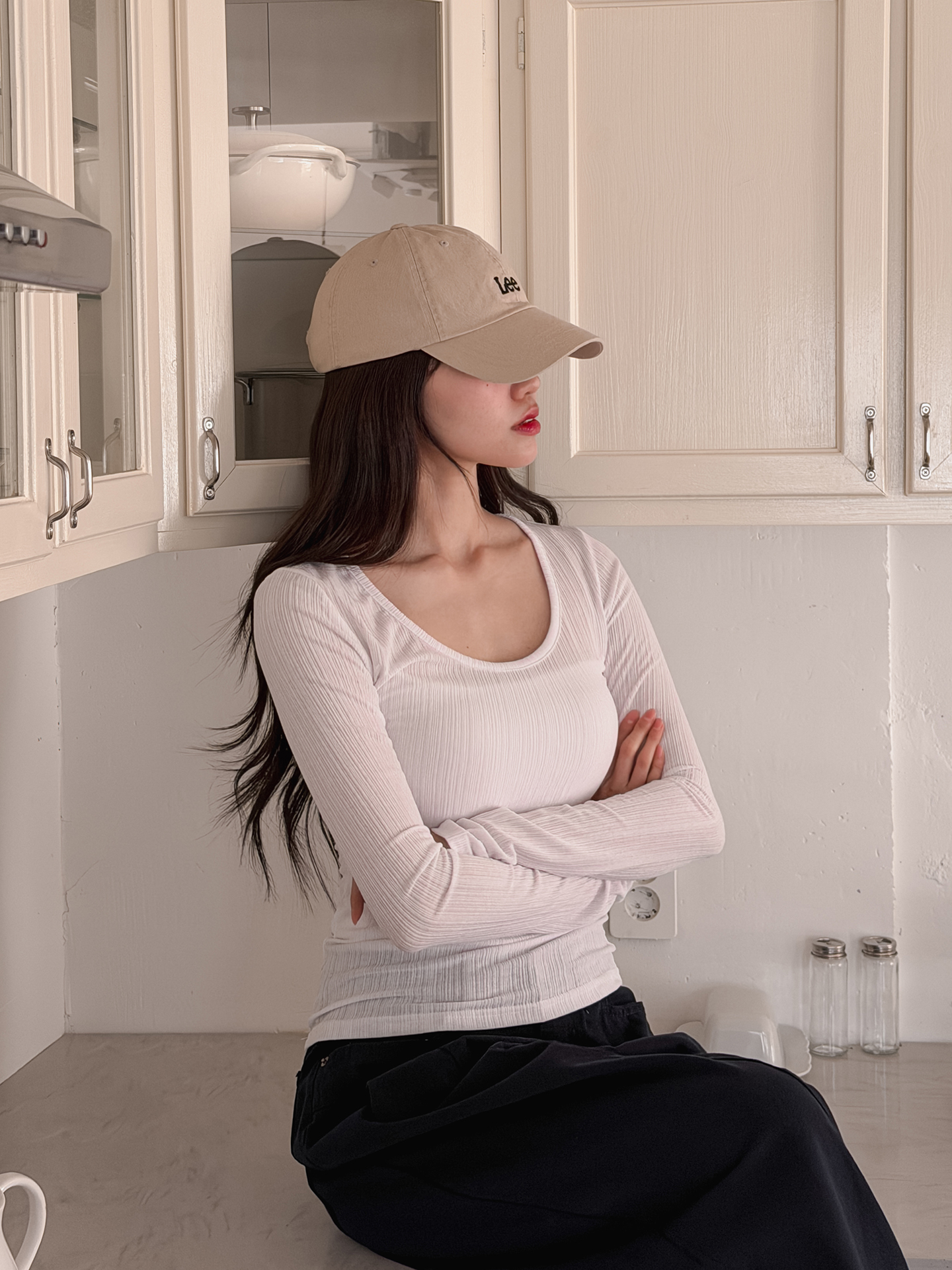 リブUネックベーシックスリム長袖Tシャツ | 詳細画像10