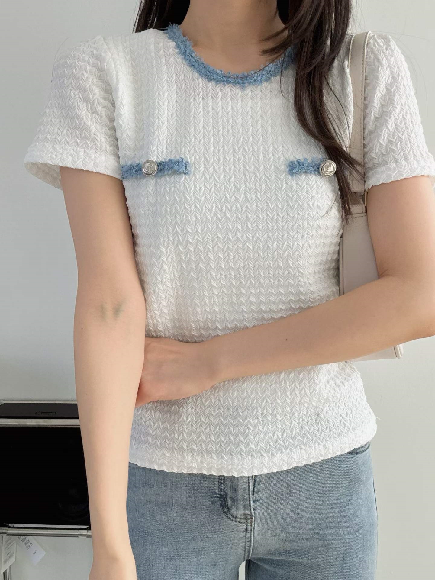 ボタンラウンドネックベーシック半袖配色Tシャツ | 詳細画像5