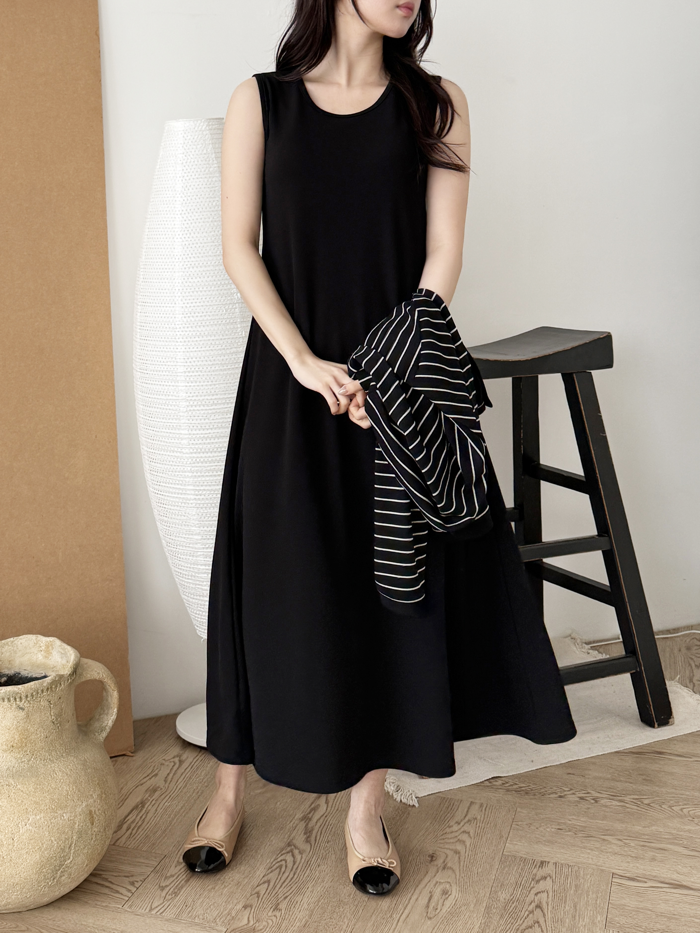 ラウンドネックロングルーズ長袖ボーダー配色セットアップカーディガンノースリワンピース | 詳細画像3