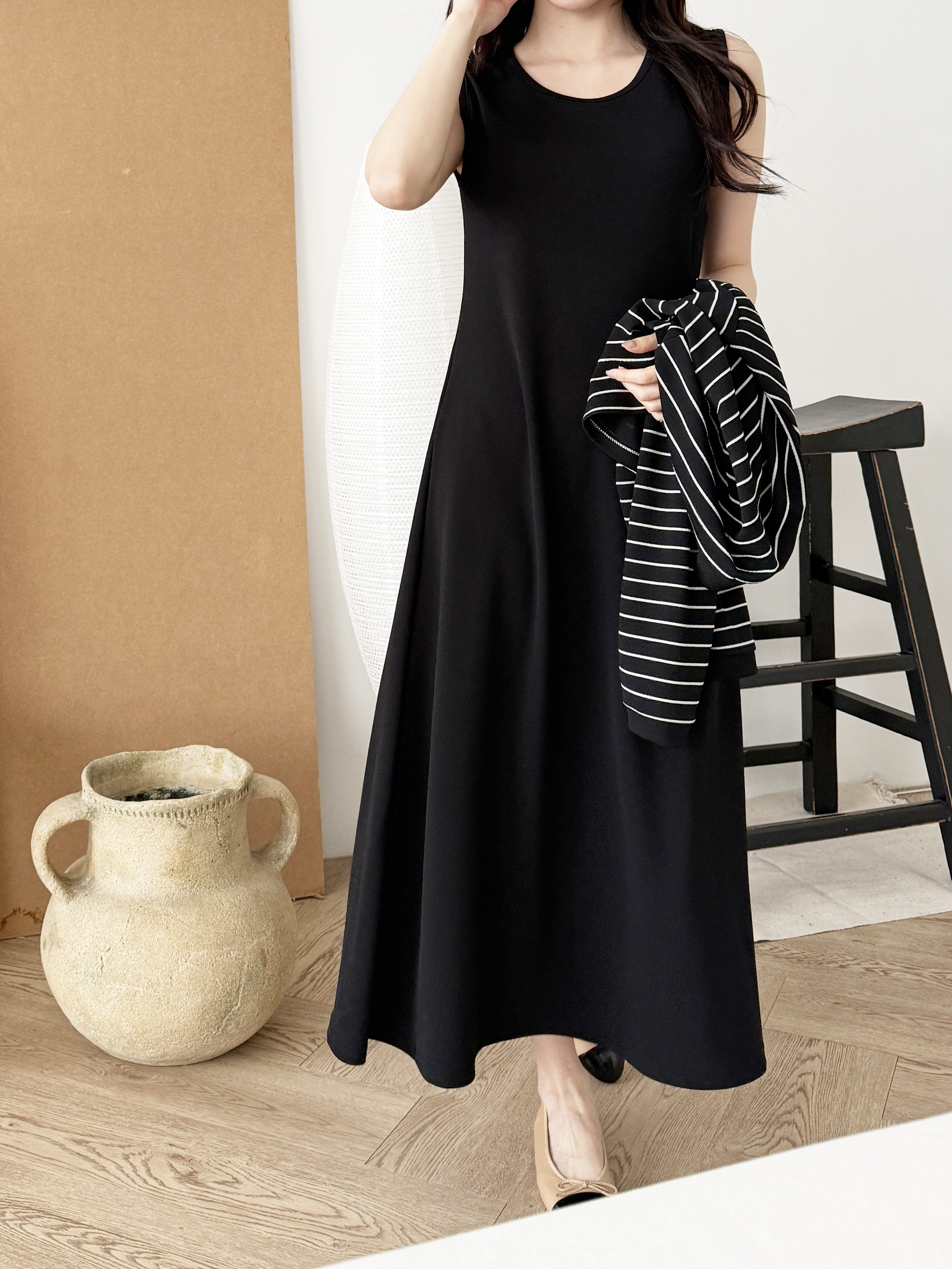 ラウンドネックロングルーズ長袖ボーダー配色セットアップカーディガンノースリワンピース | 詳細画像4