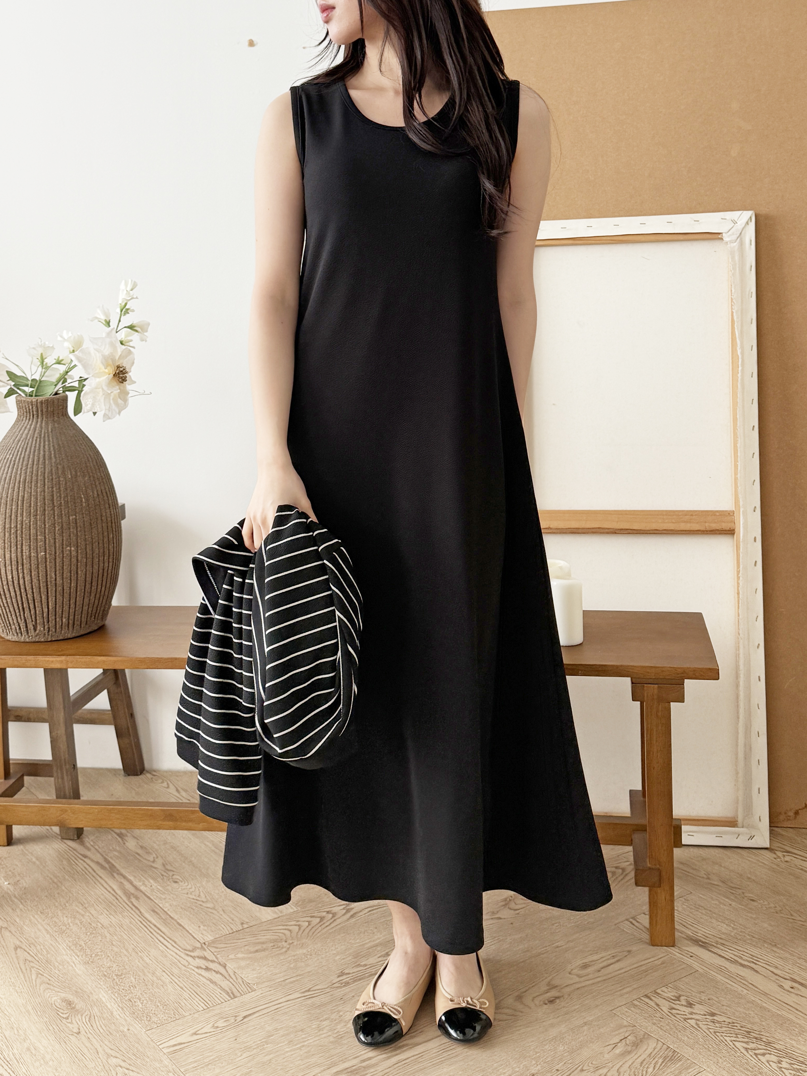 ラウンドネックロングルーズ長袖ボーダー配色セットアップカーディガンノースリワンピース | 詳細画像5