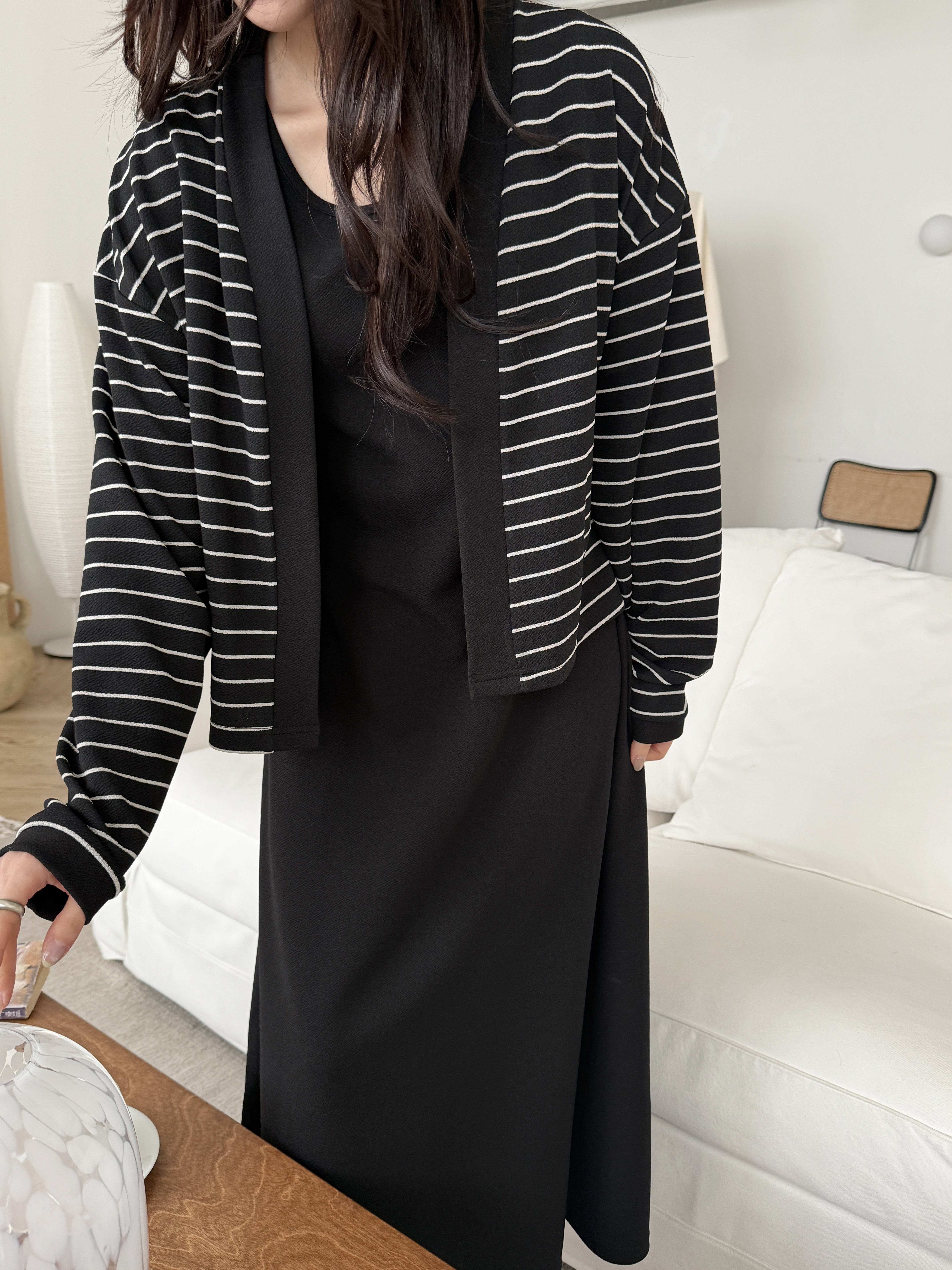 ラウンドネックロングルーズ長袖ボーダー配色セットアップカーディガンノースリワンピース | 詳細画像6