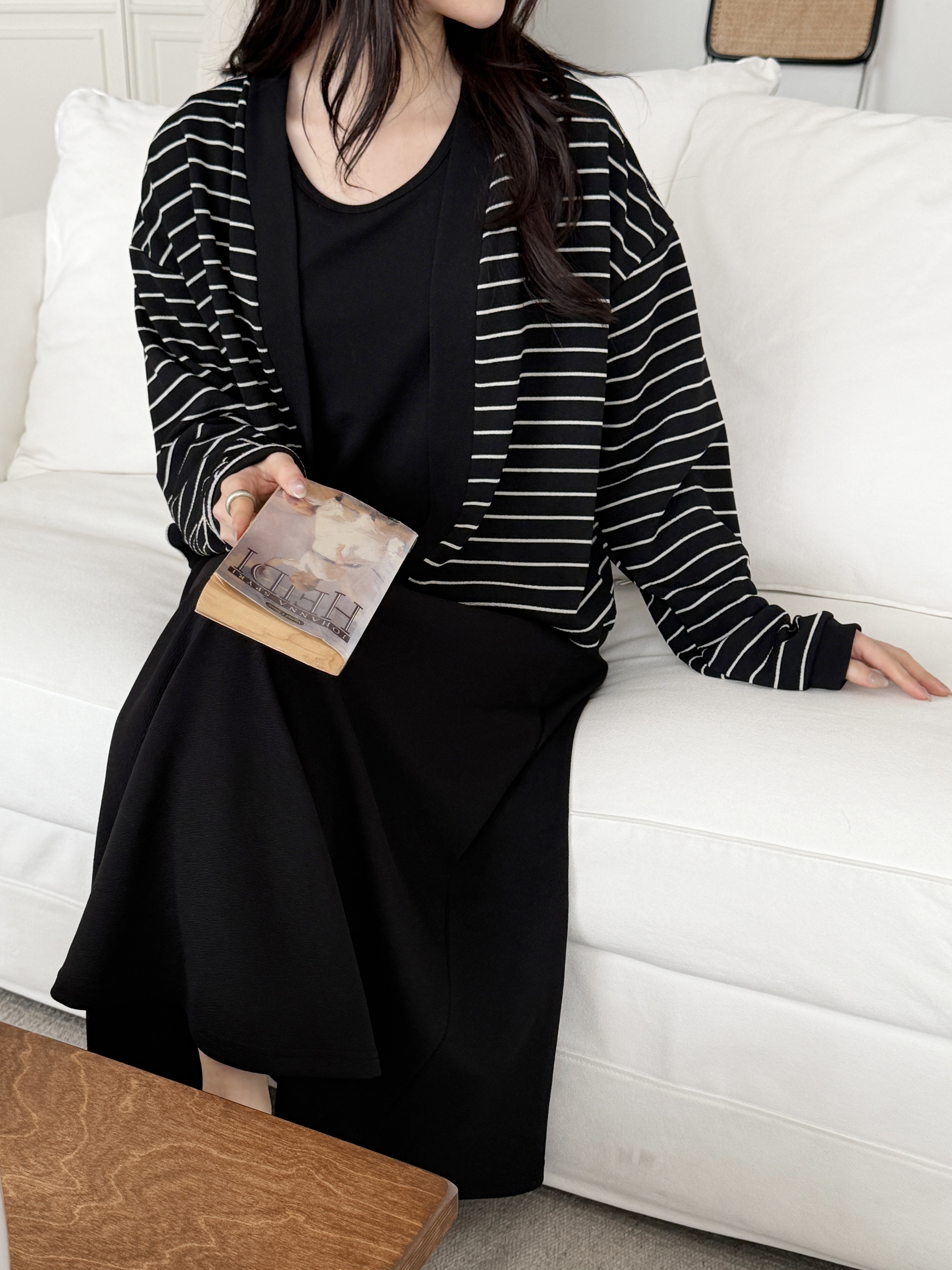 ラウンドネックロングルーズ長袖ボーダー配色セットアップカーディガンノースリワンピース | 詳細画像8