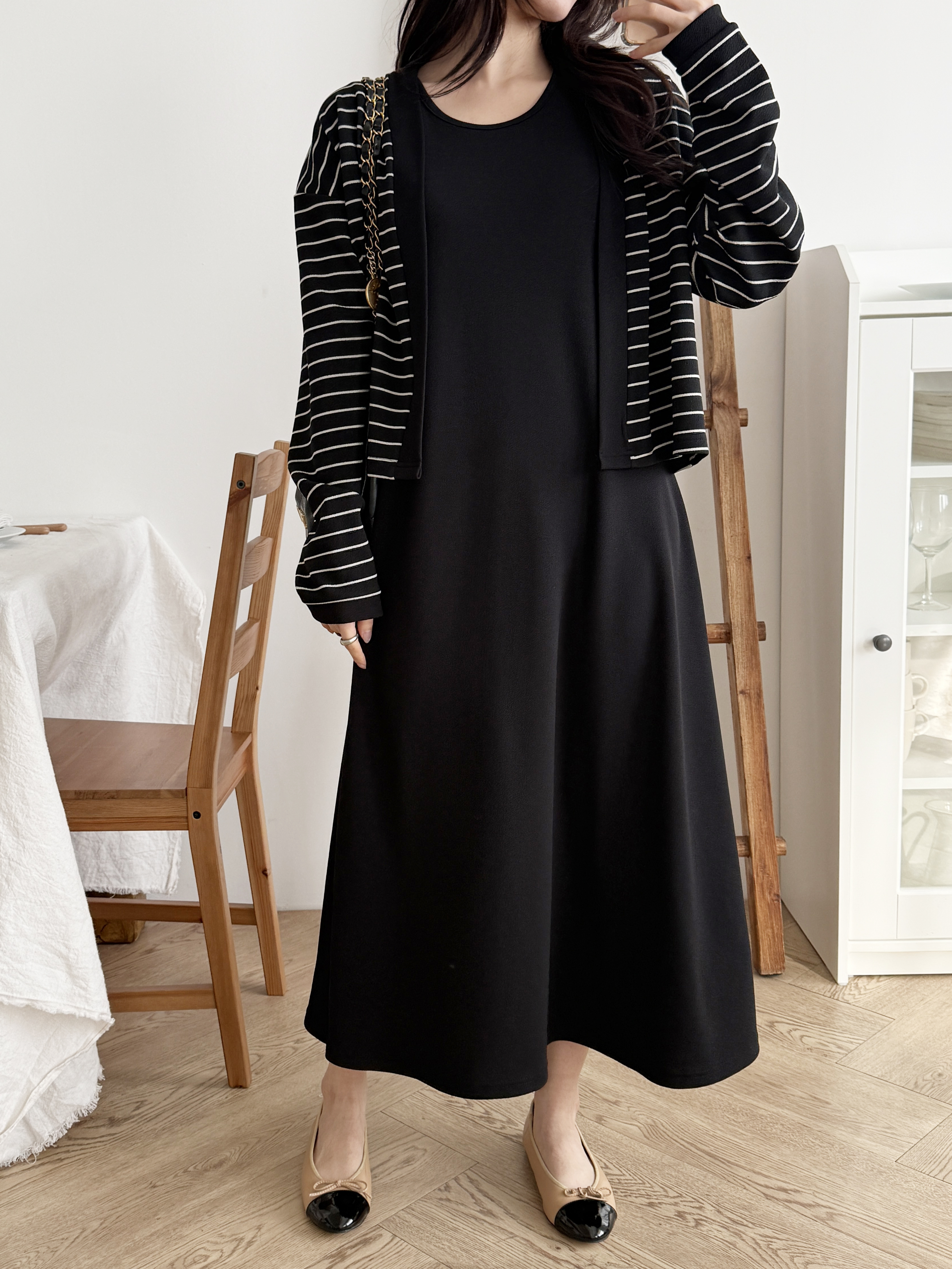 ラウンドネックロングルーズ長袖ボーダー配色セットアップカーディガンノースリワンピース | 詳細画像9