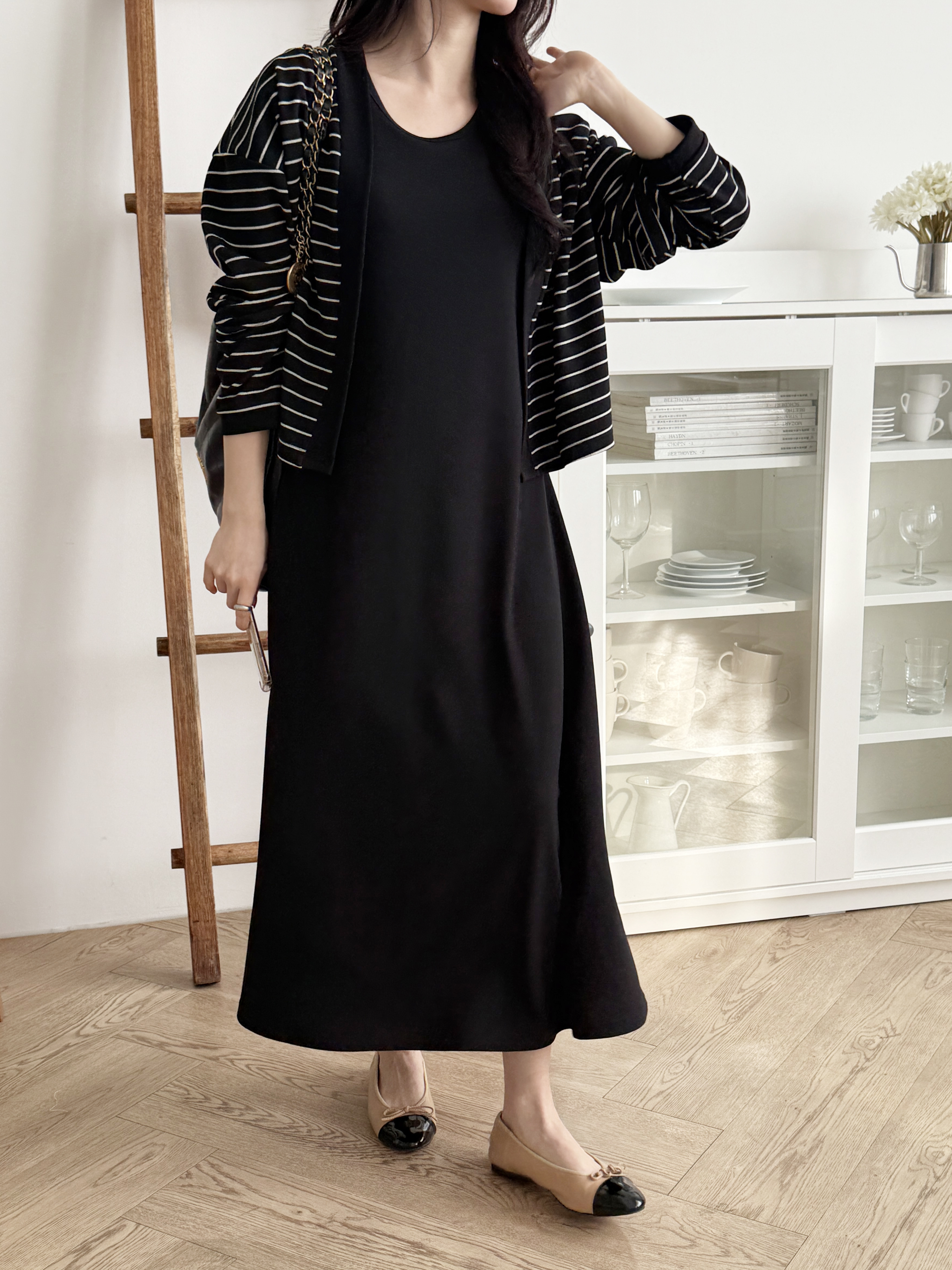 ラウンドネックロングルーズ長袖ボーダー配色セットアップカーディガンノースリワンピース | 詳細画像10