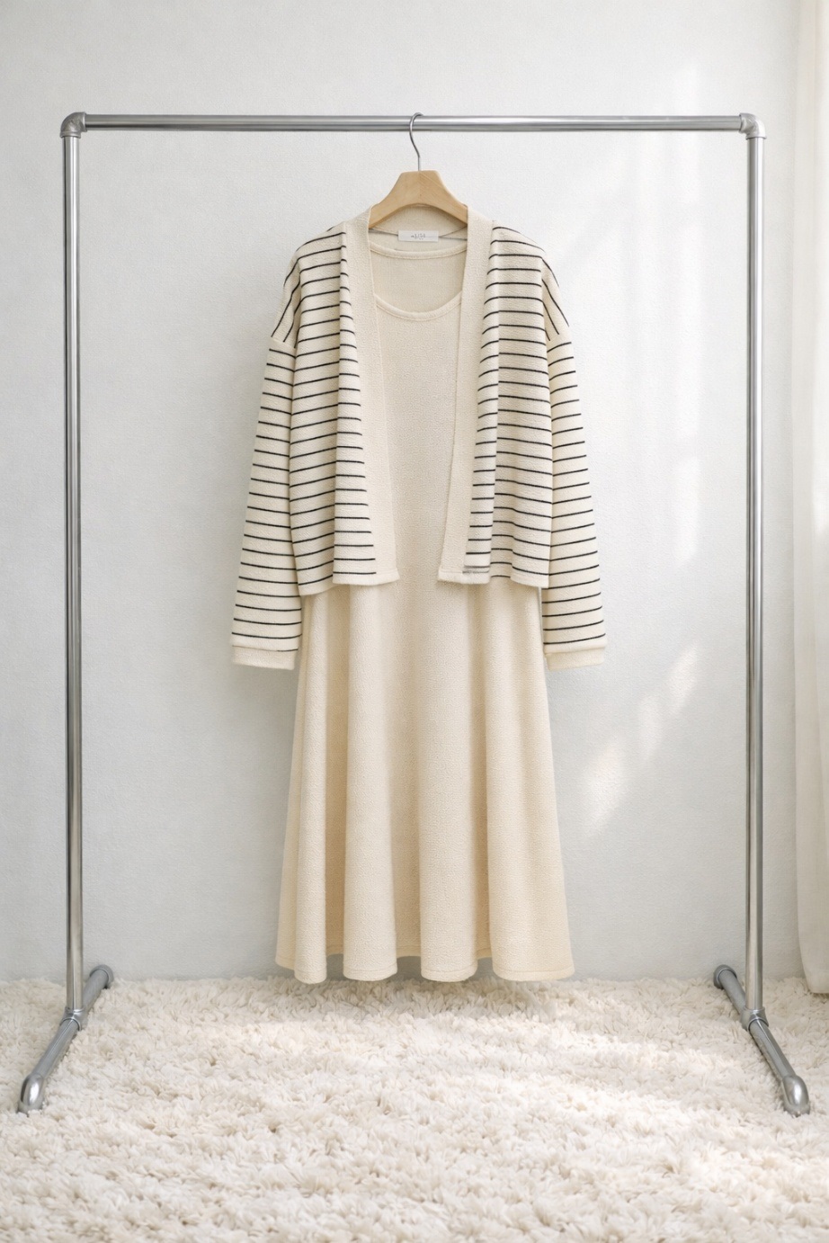 ラウンドネックロングルーズ長袖ボーダー配色セットアップカーディガンノースリワンピース | 詳細画像11