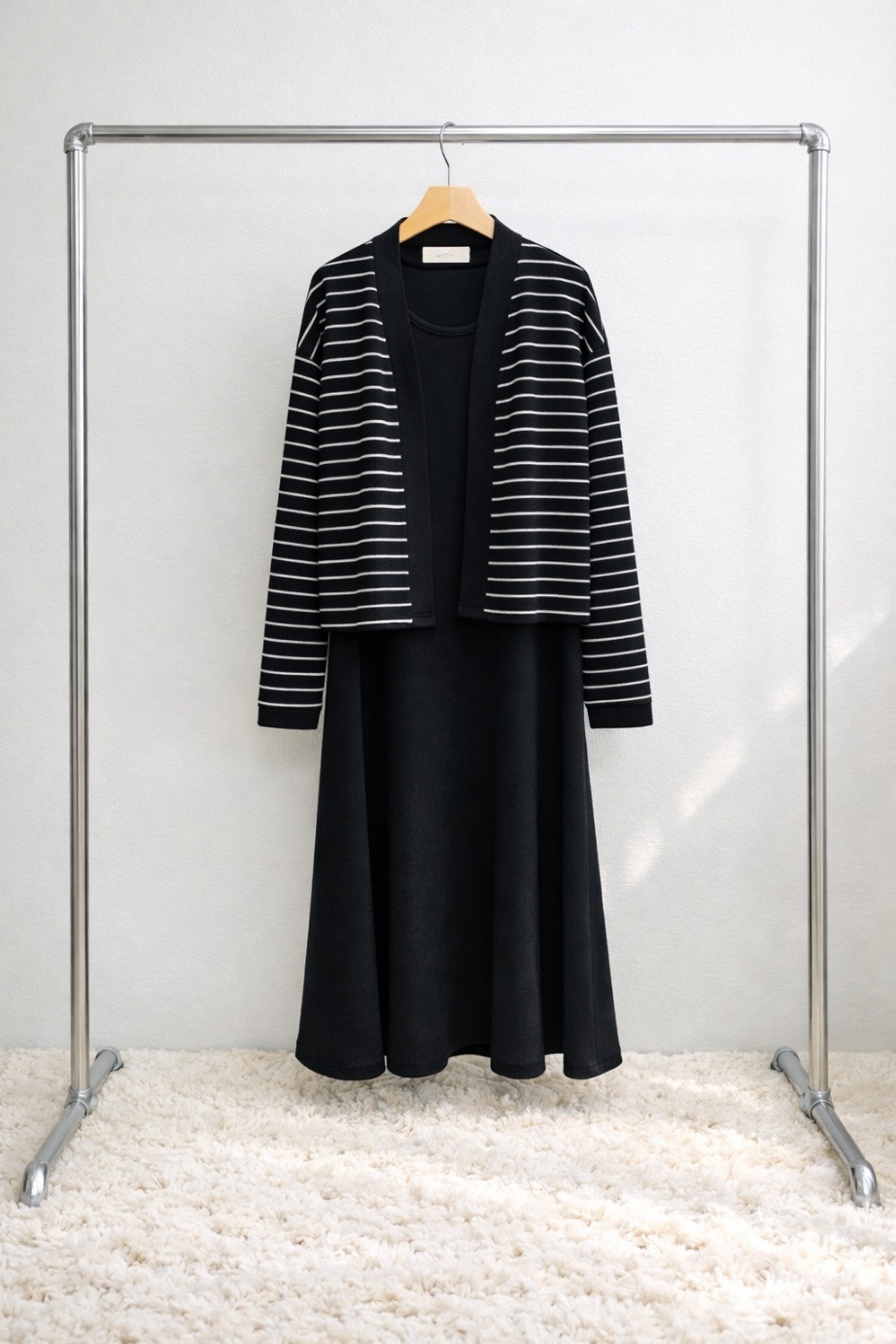 ラウンドネックロングルーズ長袖ボーダー配色セットアップカーディガンノースリワンピース | 詳細画像13
