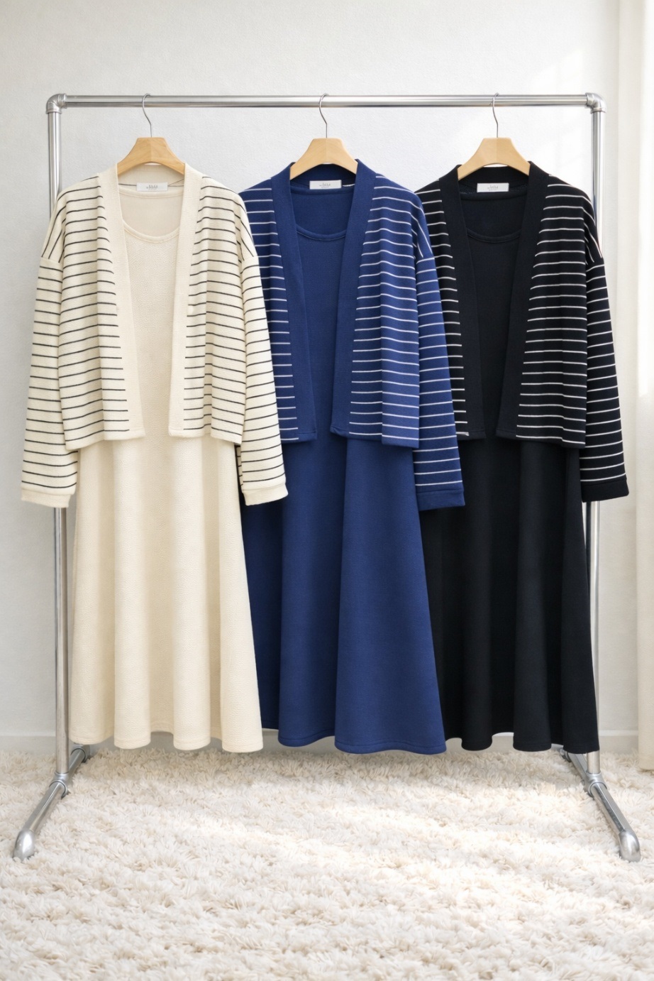 ラウンドネックロングルーズ長袖ボーダー配色セットアップカーディガンノースリワンピース | 詳細画像14