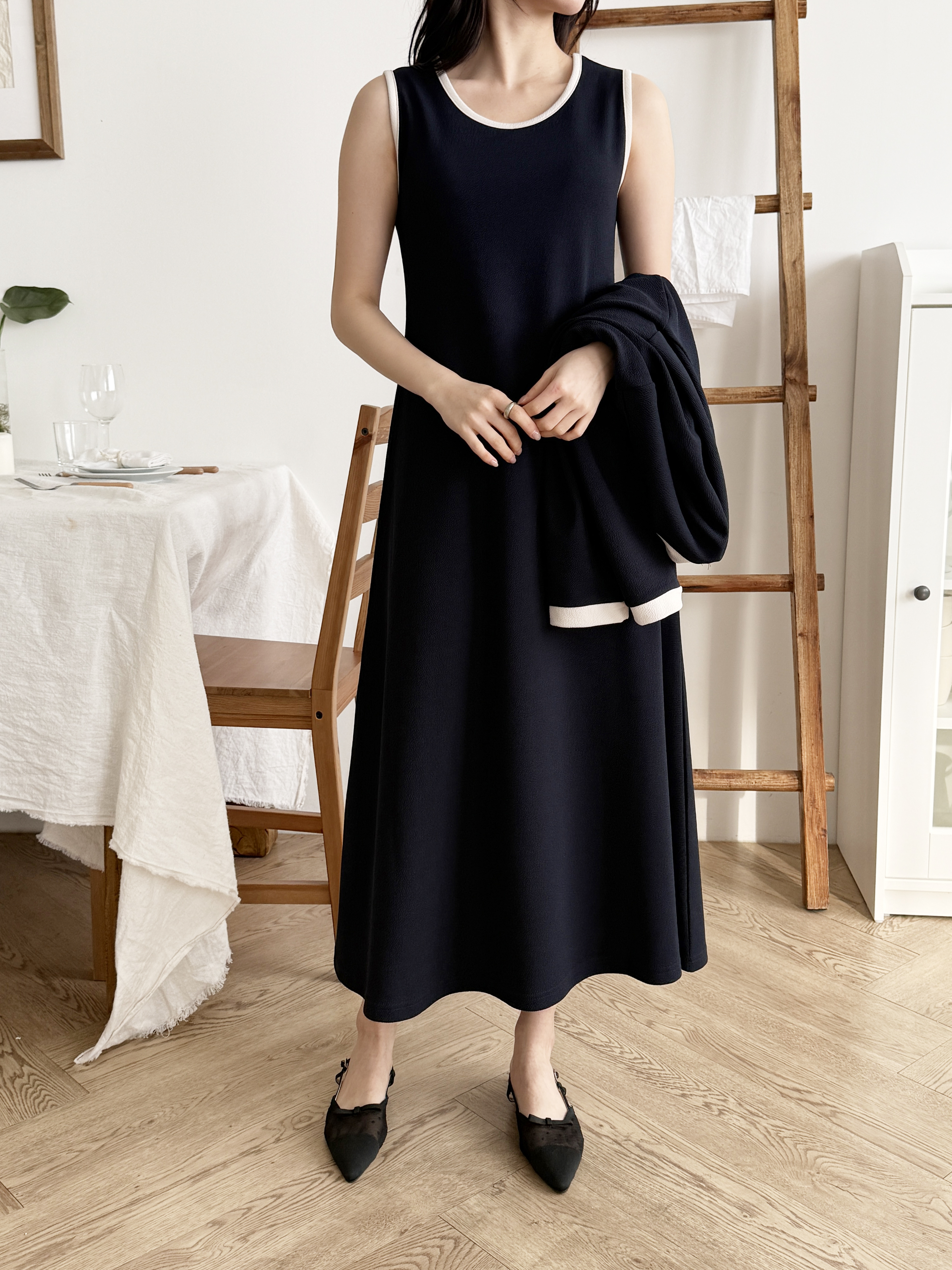 ラウンドネックロング長袖配色セットアップカーディガンノースリワンピース | 詳細画像2