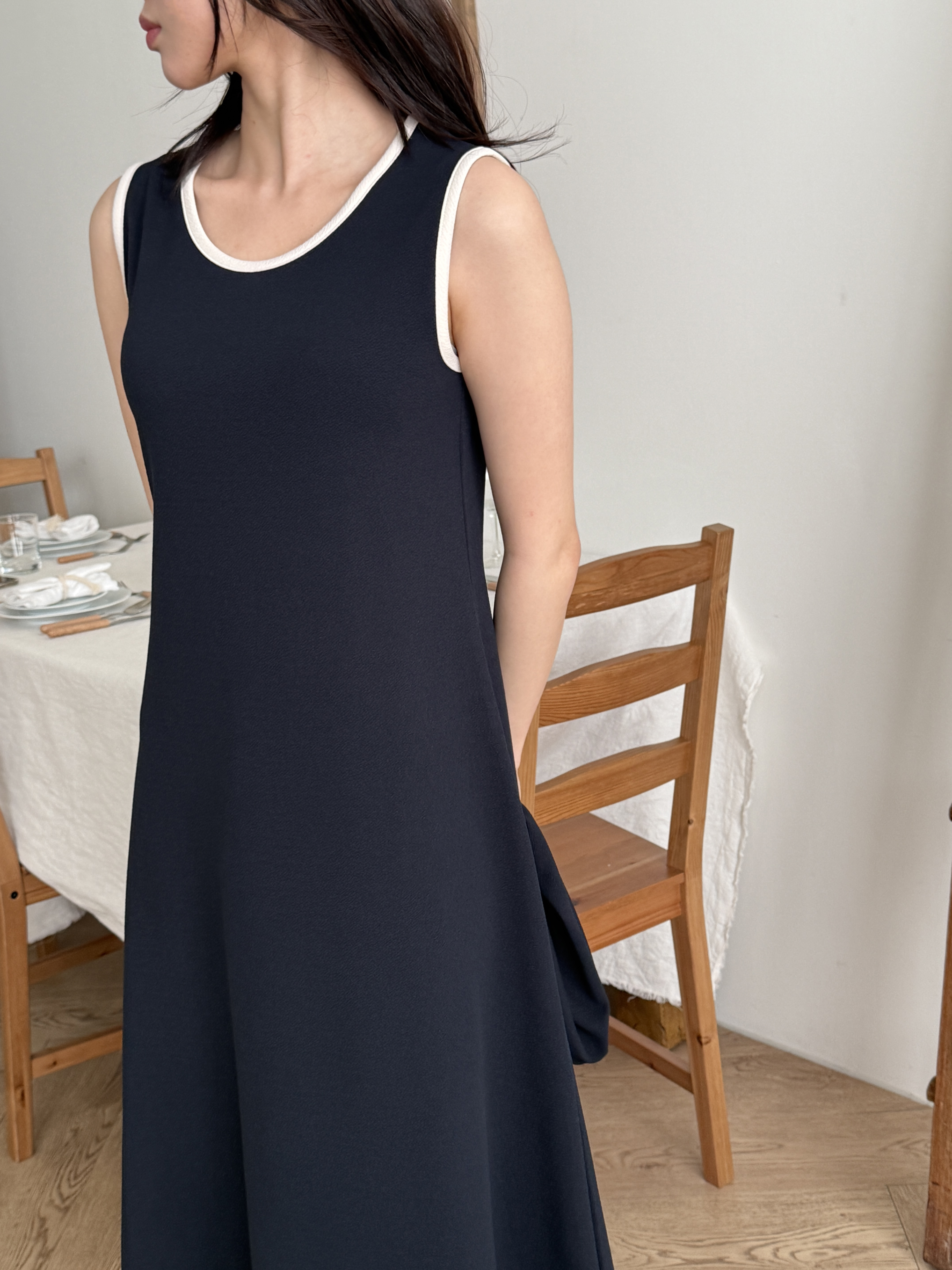 ラウンドネックロング長袖配色セットアップカーディガンノースリワンピース | 詳細画像3