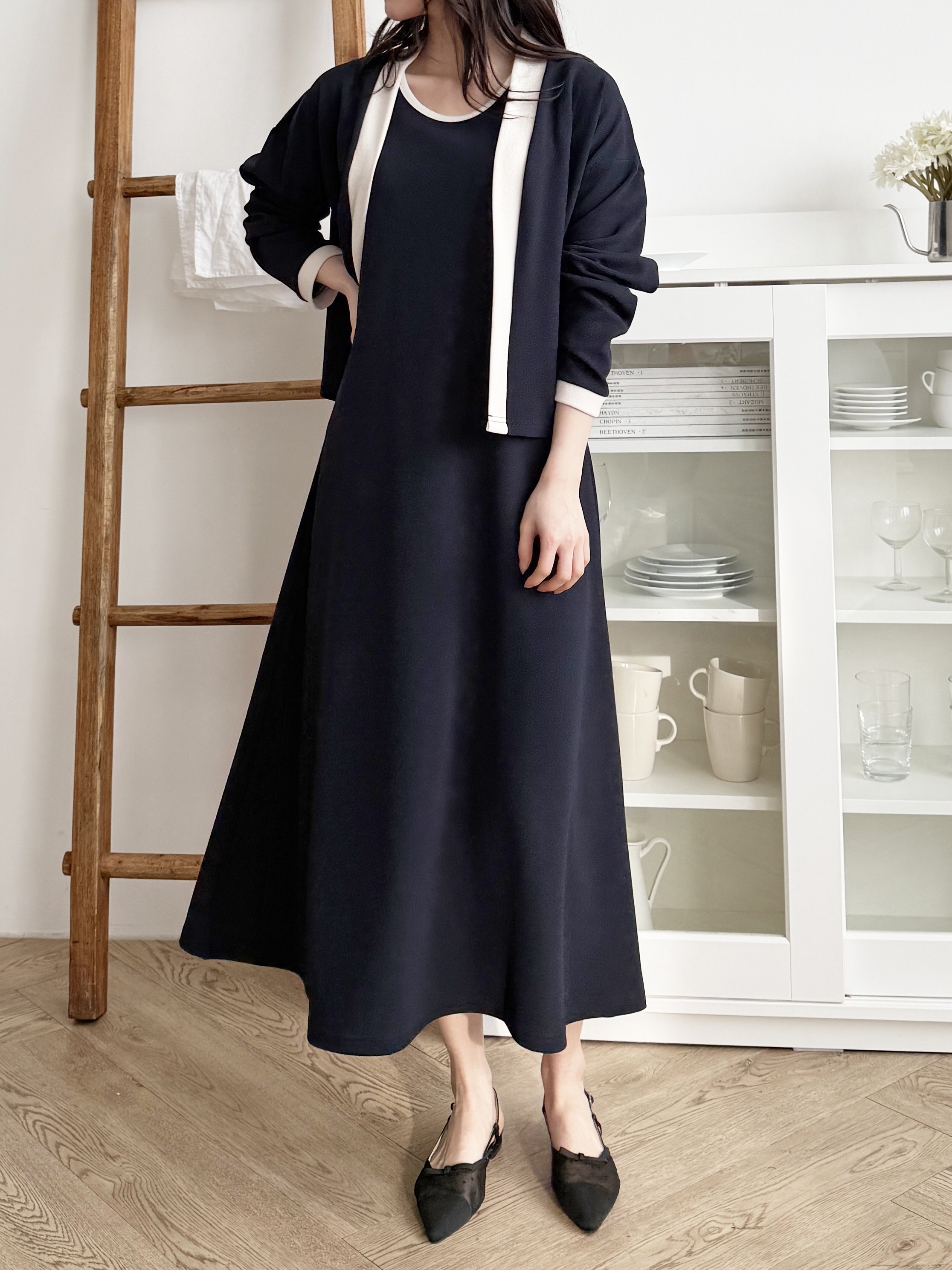 ラウンドネックロング長袖配色セットアップカーディガンノースリワンピース | 詳細画像6