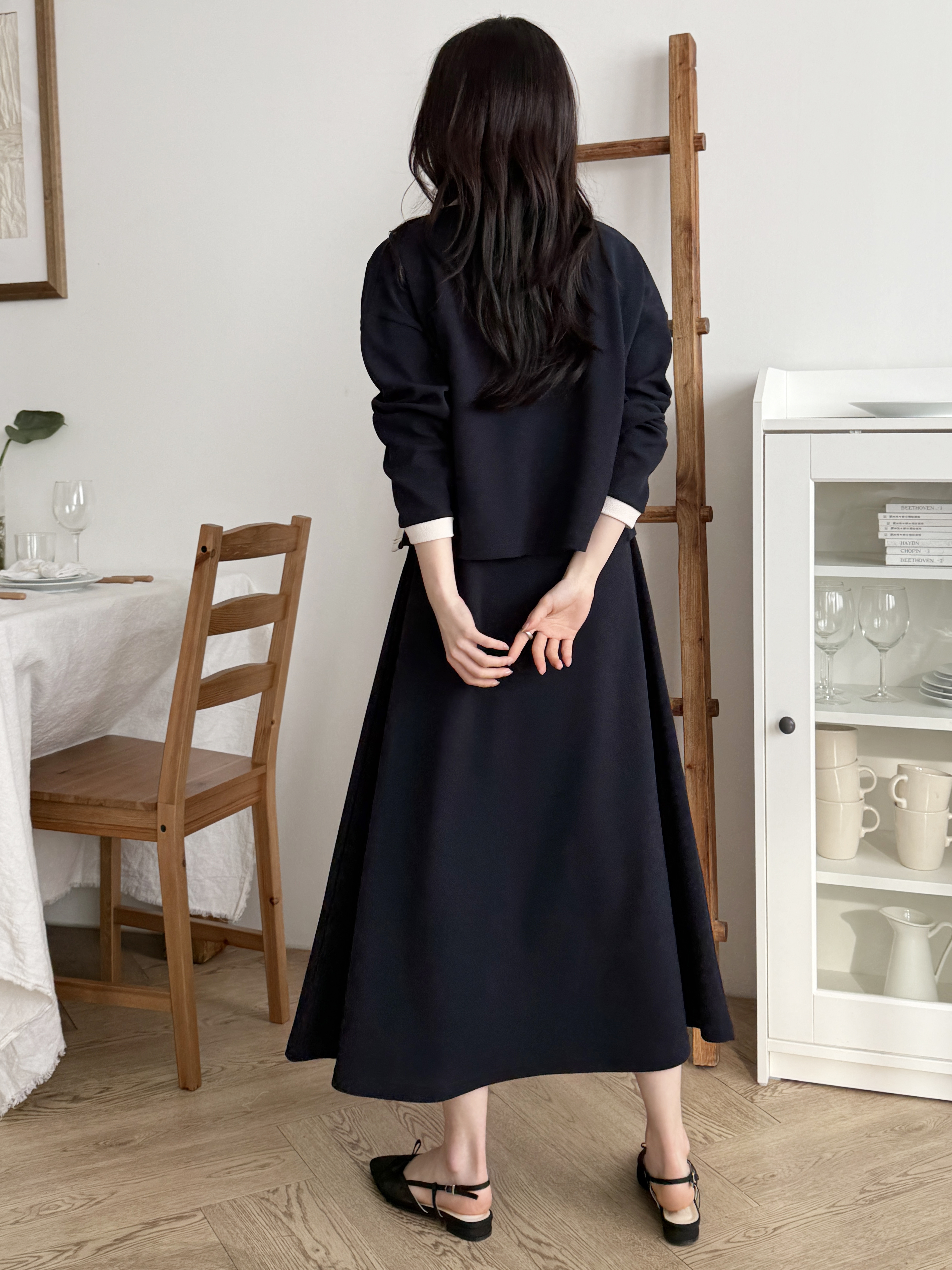 ラウンドネックロング長袖配色セットアップカーディガンノースリワンピース | 詳細画像7