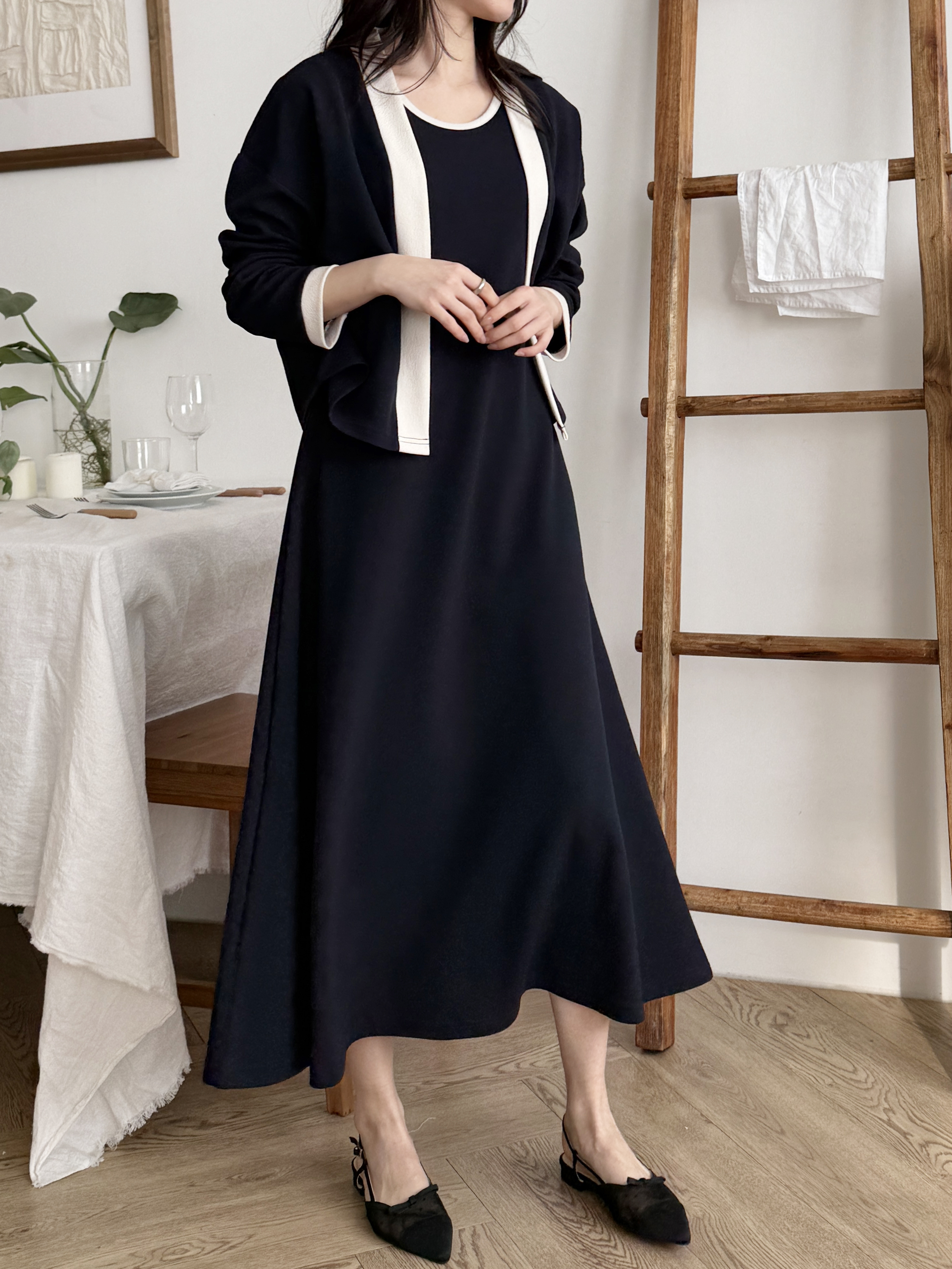 ラウンドネックロング長袖配色セットアップカーディガンノースリワンピース | 詳細画像8