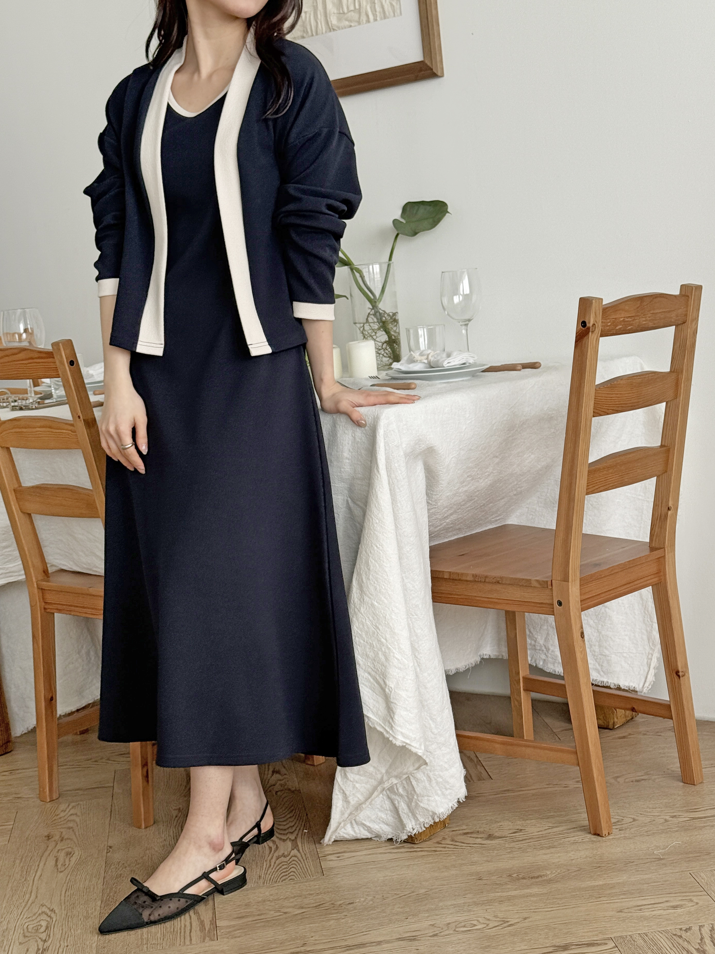 ラウンドネックロング長袖配色セットアップカーディガンノースリワンピース | 詳細画像11