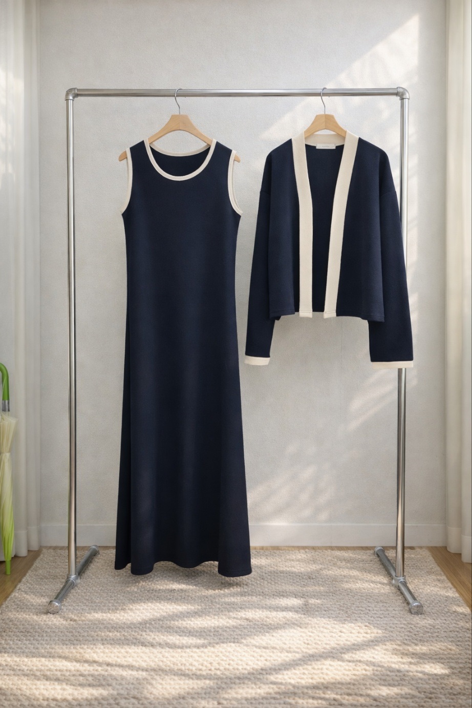 ラウンドネックロング長袖配色セットアップカーディガンノースリワンピース | 詳細画像12