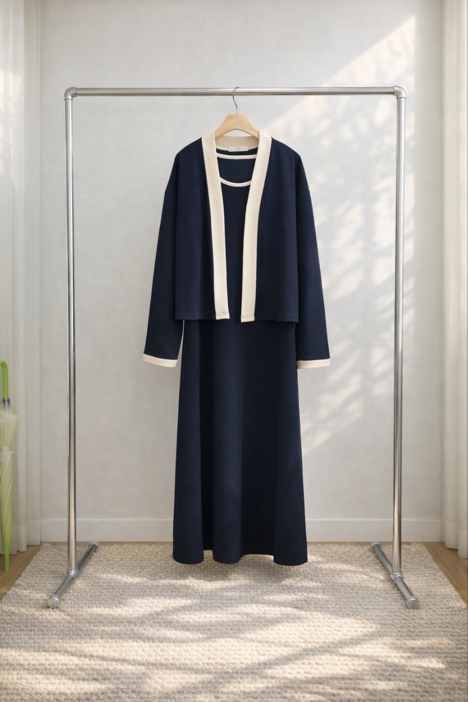 ラウンドネックロング長袖配色セットアップカーディガンノースリワンピース | 詳細画像13