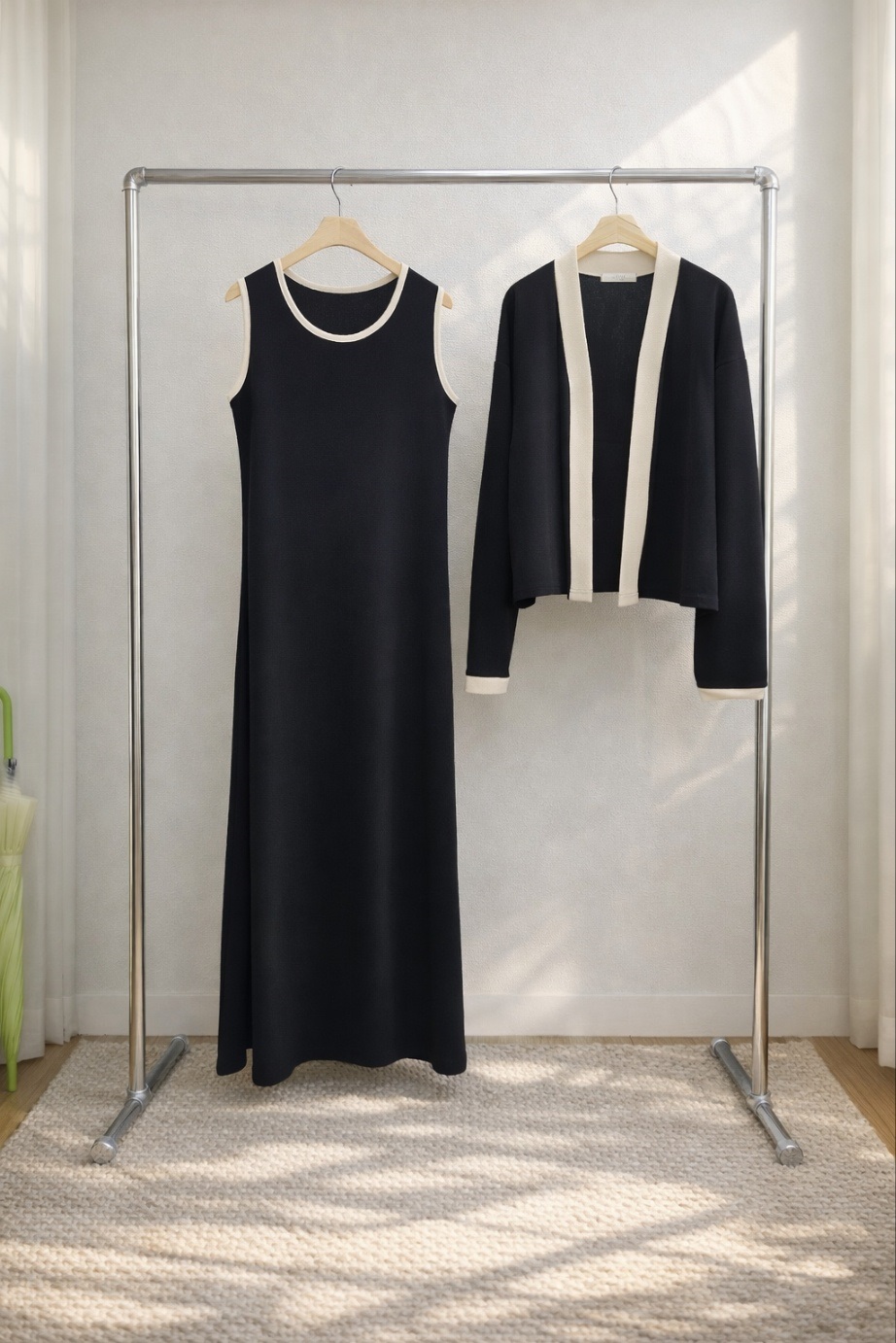 ラウンドネックロング長袖配色セットアップカーディガンノースリワンピース | 詳細画像14