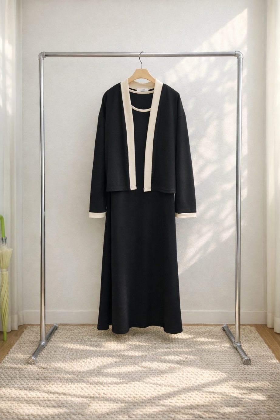 ラウンドネックロング長袖配色セットアップカーディガンノースリワンピース | 詳細画像15