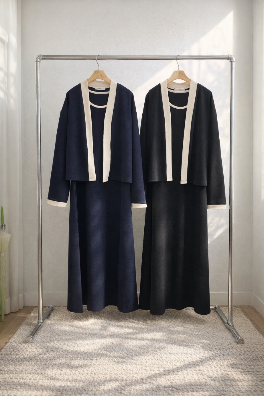 ラウンドネックロング長袖配色セットアップカーディガンノースリワンピース | 詳細画像16