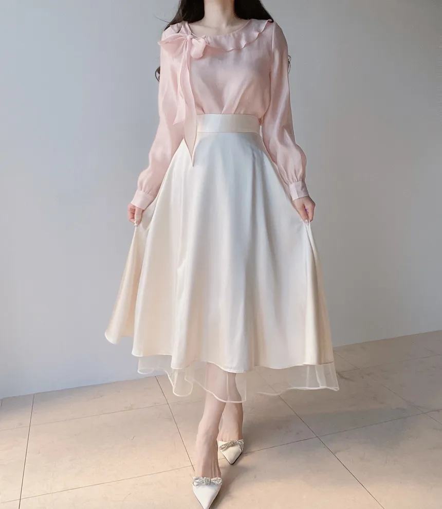 オーガンジーフレアロングサイドジップバックゴムスカート | mirangmirang | 詳細画像4