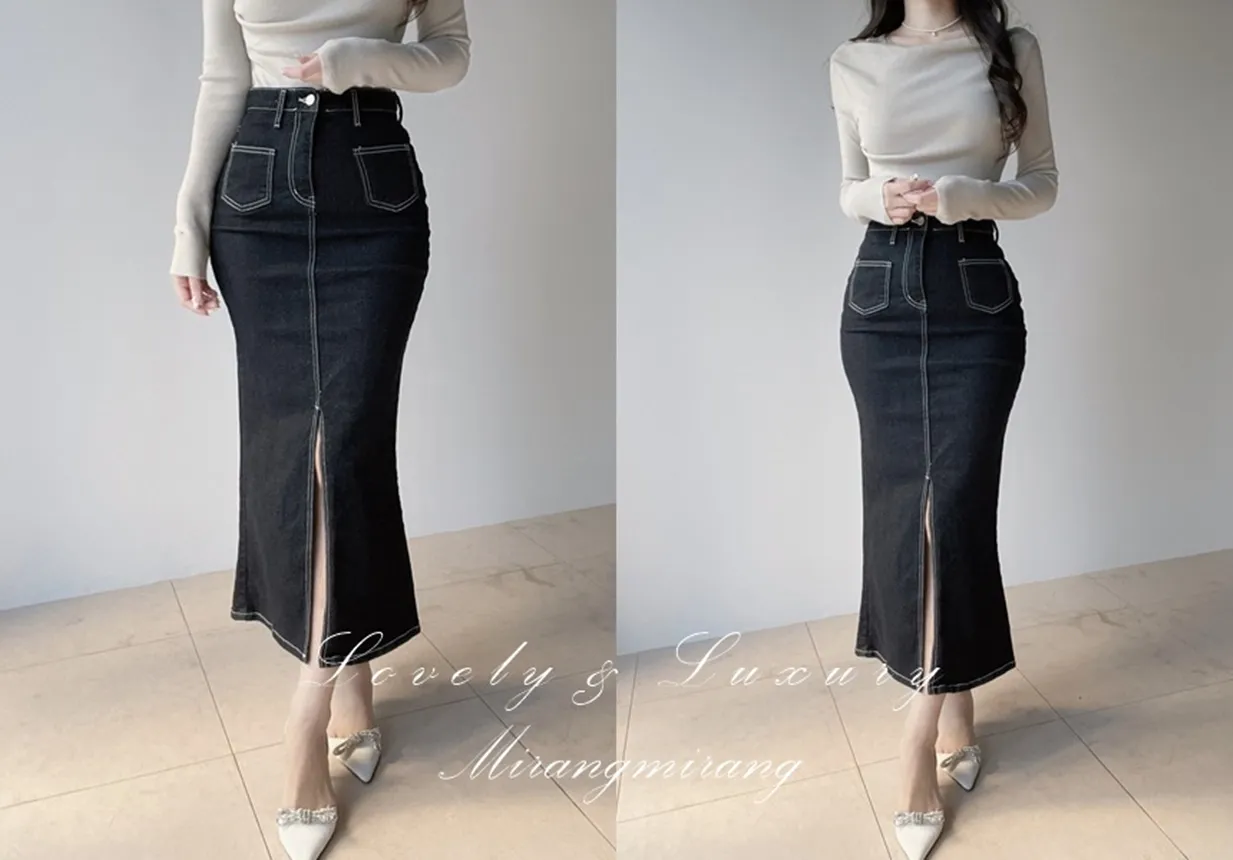 ノンウォッシュハイウエストマーメイドロングポケットステッチスリットデニムスカート | mirangmirang | 詳細画像1