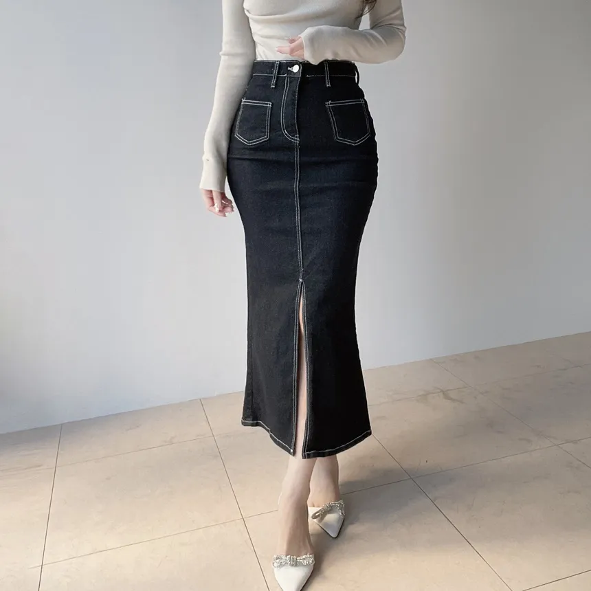 ノンウォッシュハイウエストマーメイドロングポケットステッチスリットデニムスカート | mirangmirang | 詳細画像2