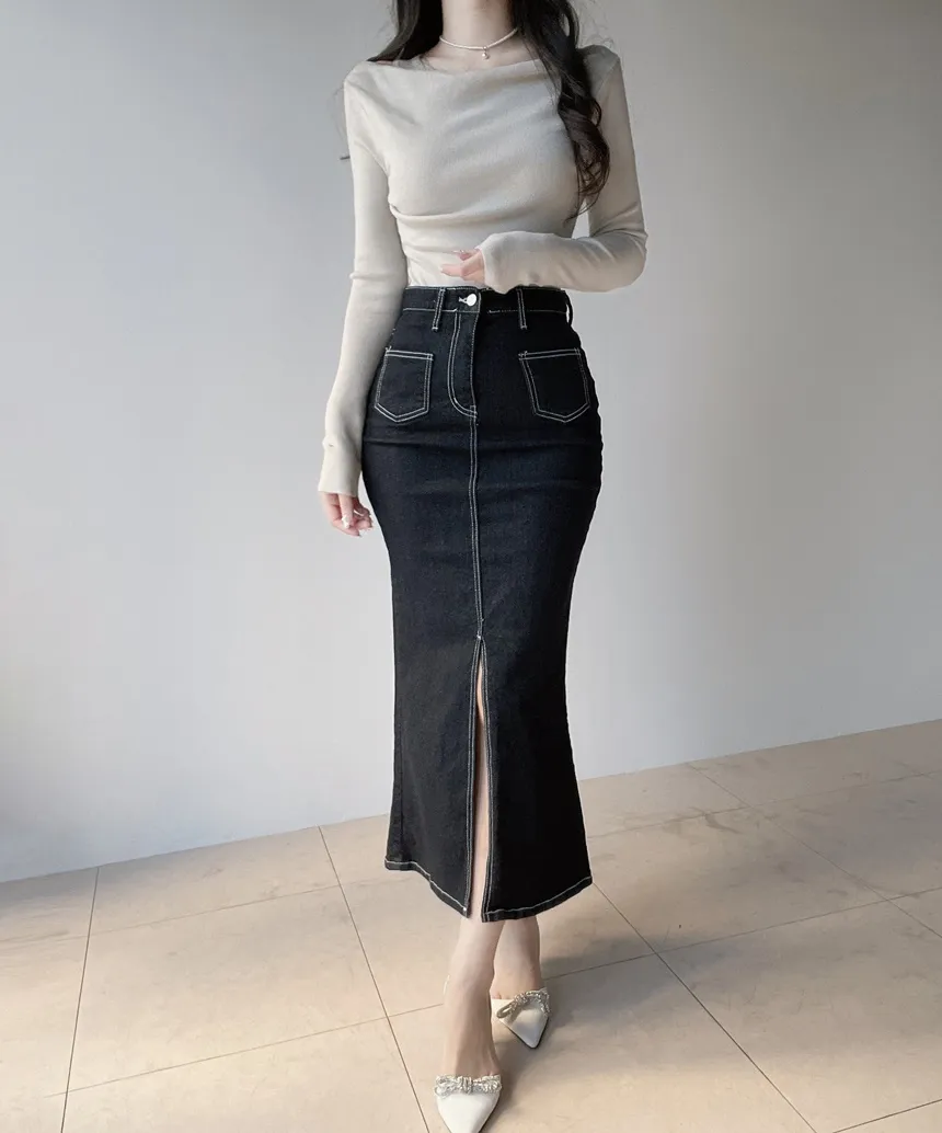 ノンウォッシュハイウエストマーメイドロングポケットステッチスリットデニムスカート | mirangmirang | 詳細画像4