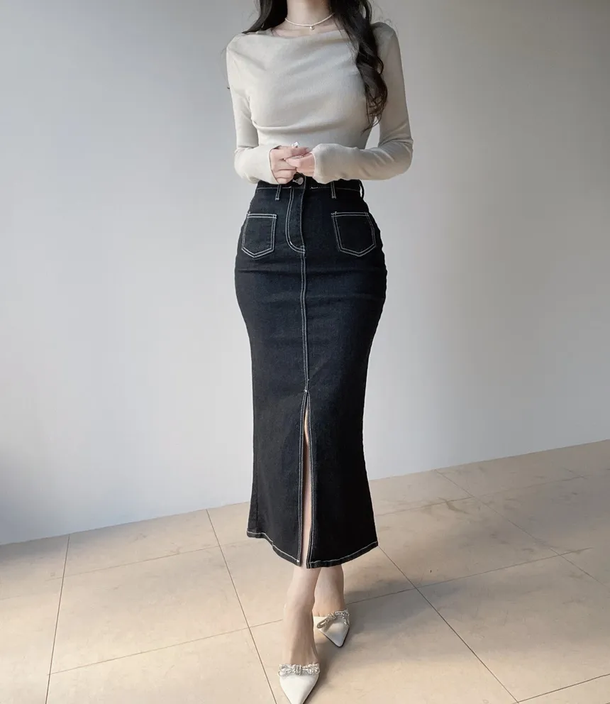 ノンウォッシュハイウエストマーメイドロングポケットステッチスリットデニムスカート | mirangmirang | 詳細画像5