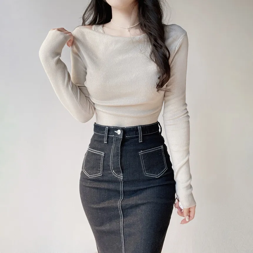 ノンウォッシュハイウエストマーメイドロングポケットステッチスリットデニムスカート | mirangmirang | 詳細画像7