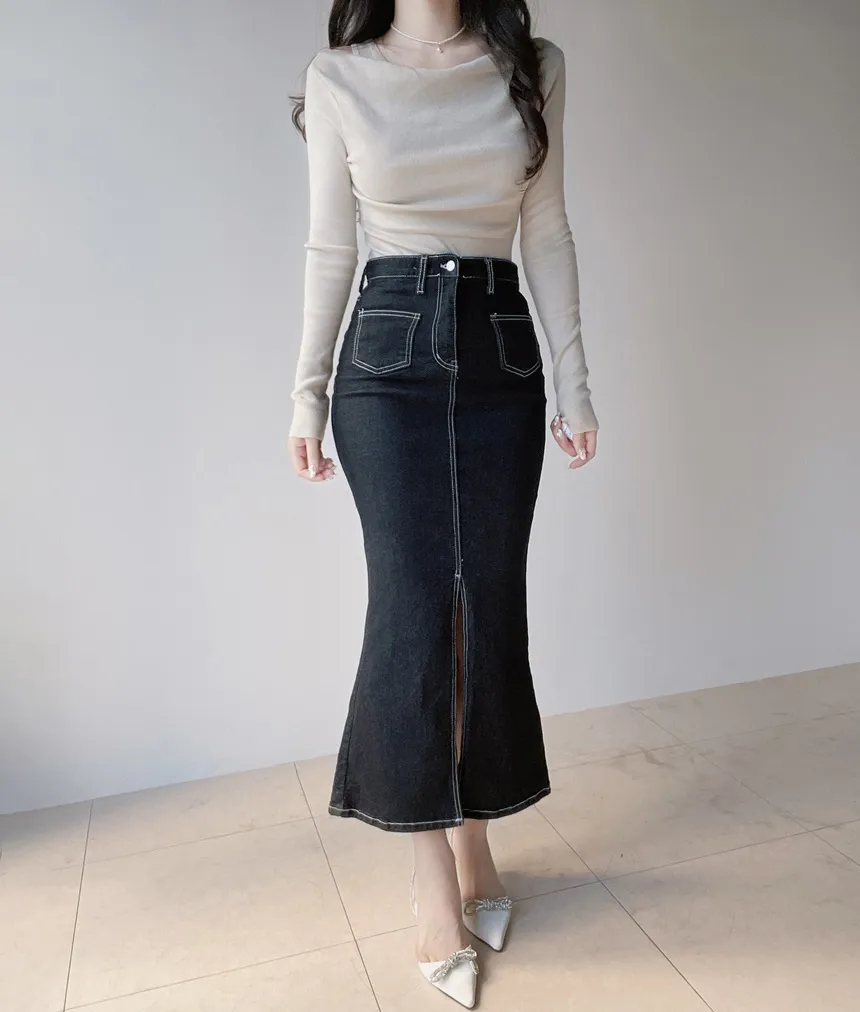 ノンウォッシュハイウエストマーメイドロングポケットステッチスリットデニムスカート | mirangmirang | 詳細画像11
