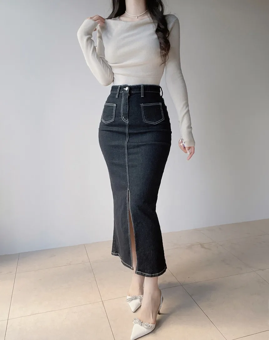 ノンウォッシュハイウエストマーメイドロングポケットステッチスリットデニムスカート | mirangmirang | 詳細画像12