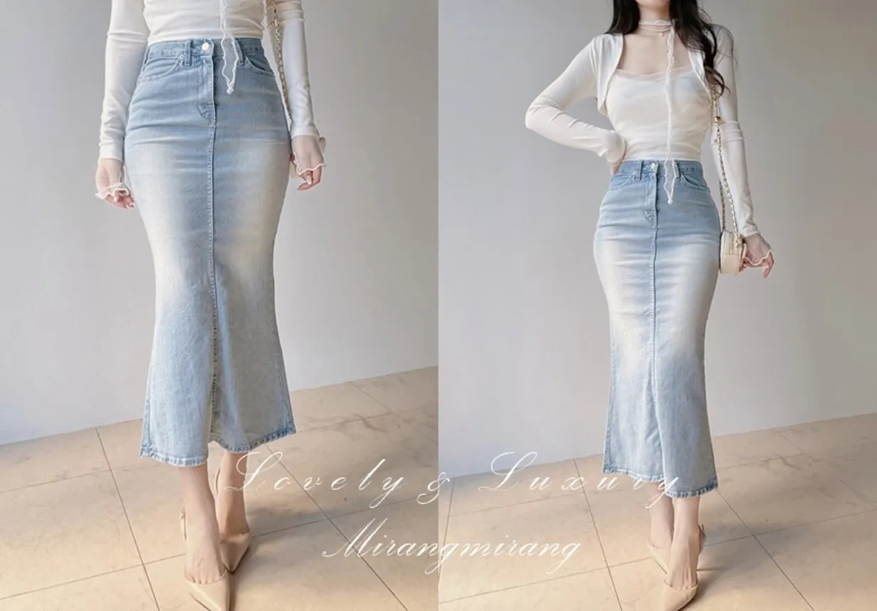 ハイウエストマーメイドロングウォッシングスリットライトブルーデニムスカート | mirangmirang | 詳細画像1