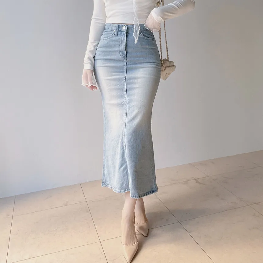 ハイウエストマーメイドロングウォッシングスリットライトブルーデニムスカート | mirangmirang | 詳細画像3