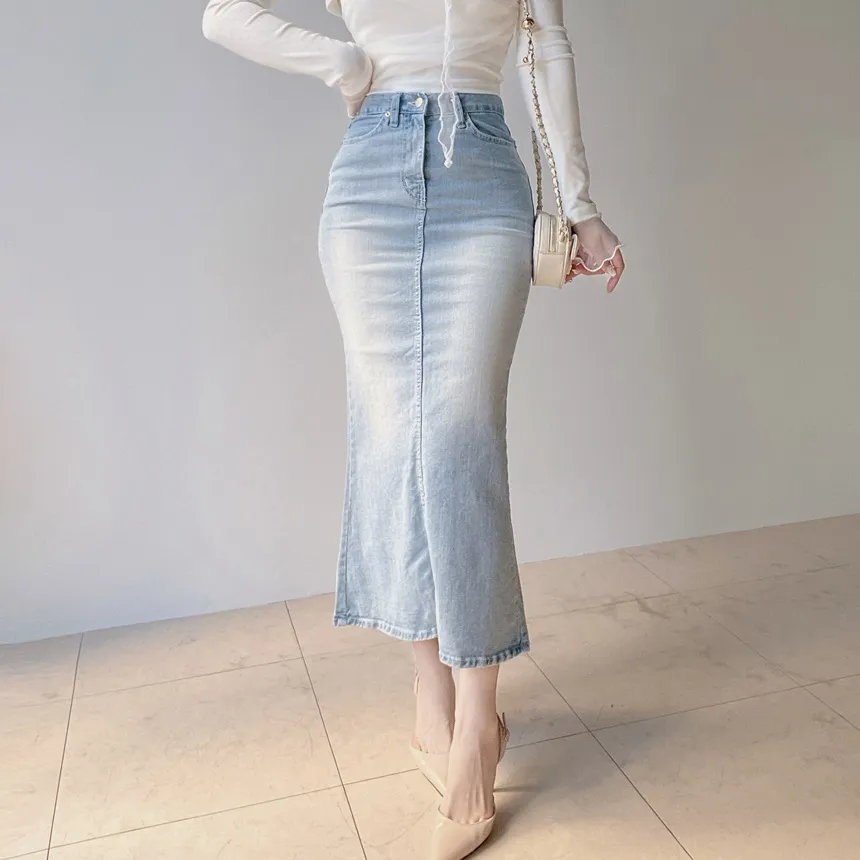 ハイウエストマーメイドロングウォッシングスリットライトブルーデニムスカート | mirangmirang | 詳細画像4