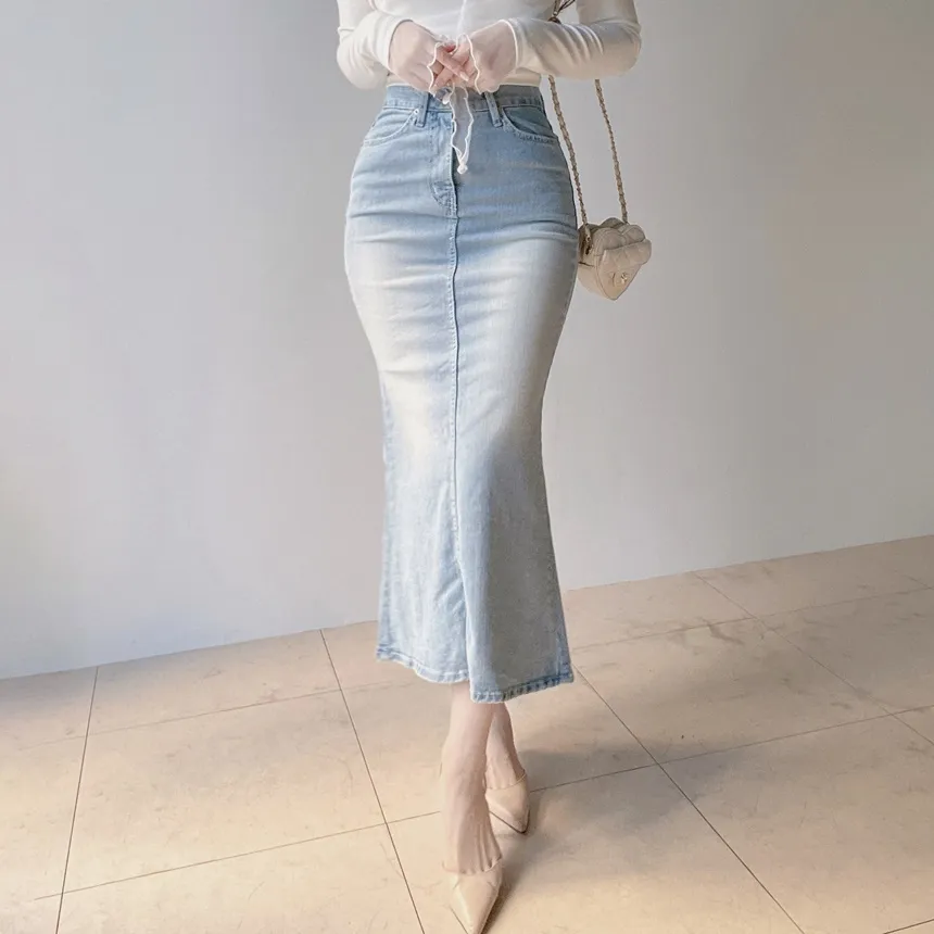ハイウエストマーメイドロングウォッシングスリットライトブルーデニムスカート | mirangmirang | 詳細画像5
