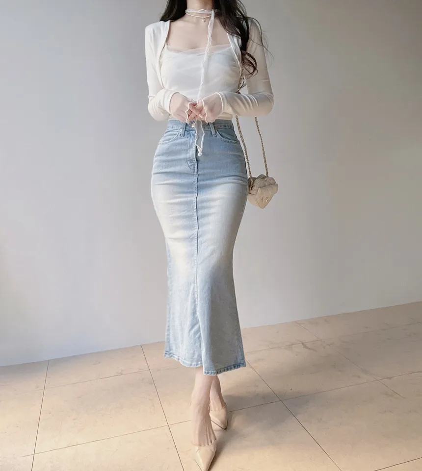 ハイウエストマーメイドロングウォッシングスリットライトブルーデニムスカート | mirangmirang | 詳細画像6