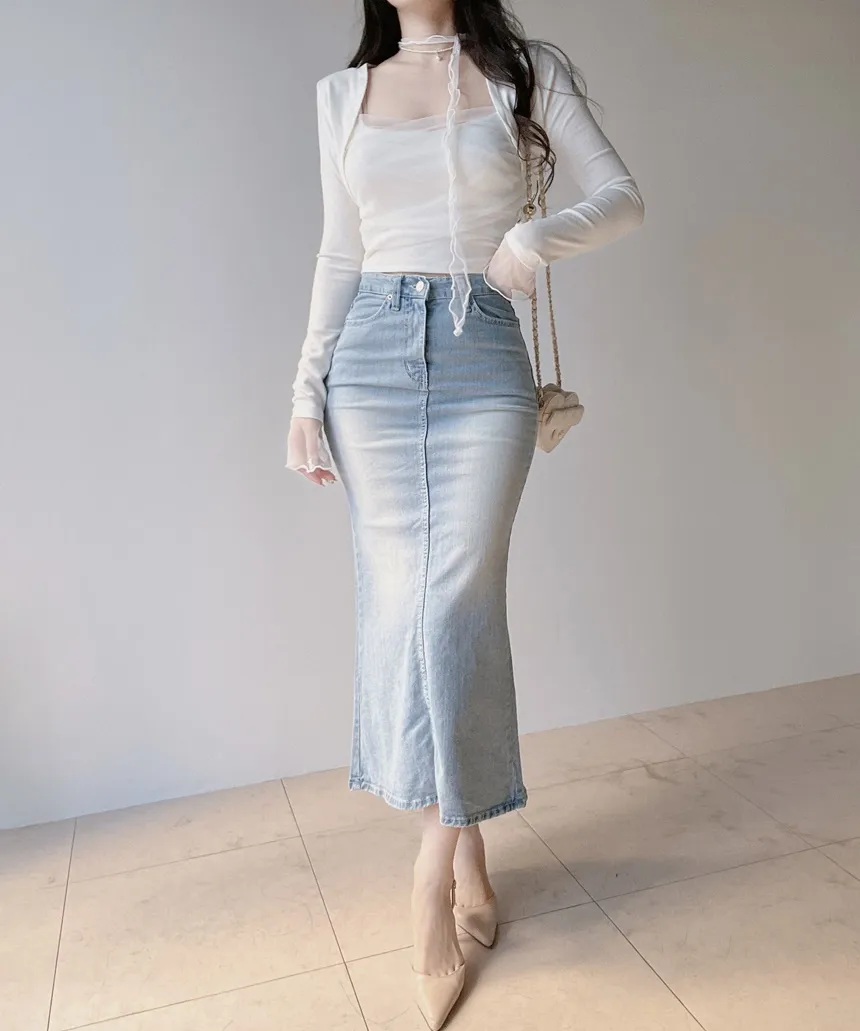 ハイウエストマーメイドロングウォッシングスリットライトブルーデニムスカート | mirangmirang | 詳細画像7