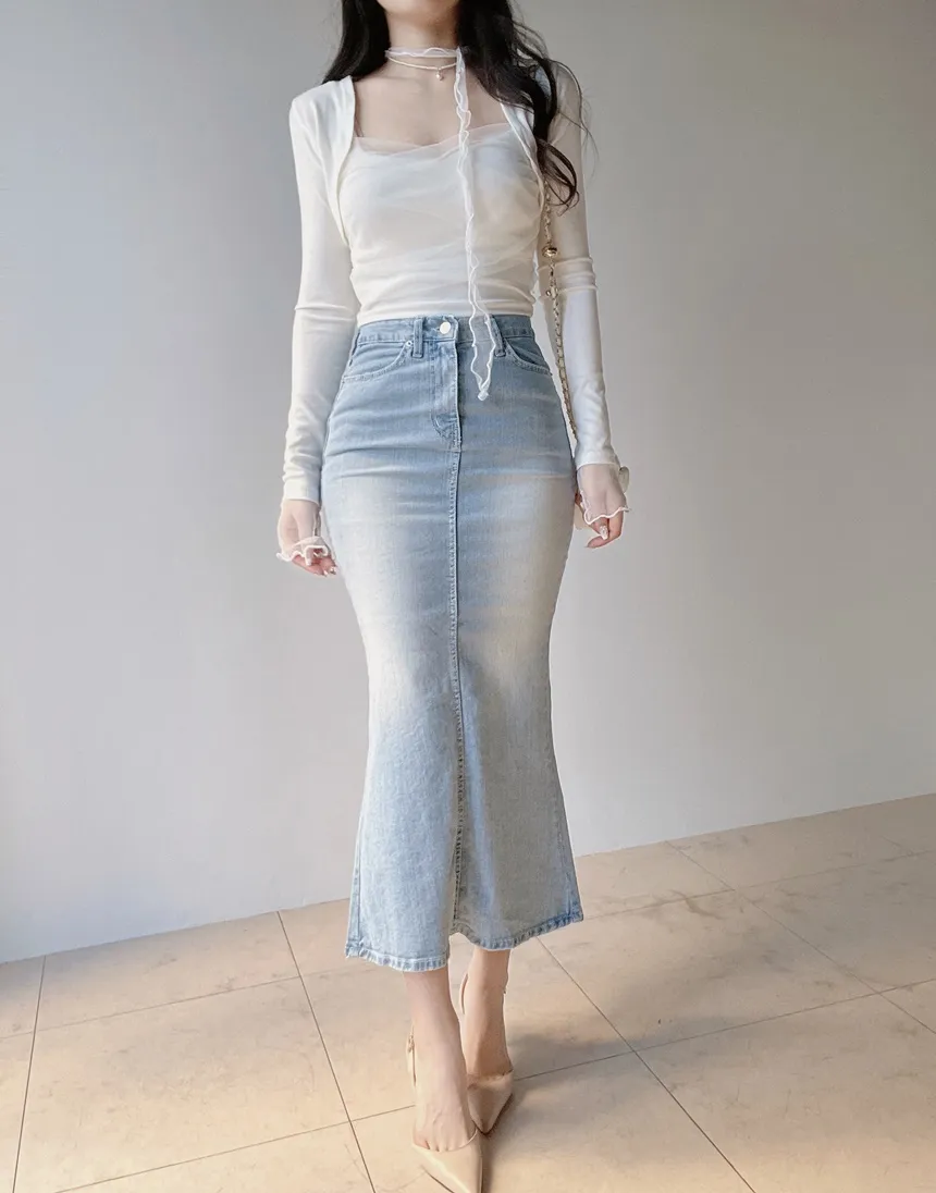 ハイウエストマーメイドロングウォッシングスリットライトブルーデニムスカート | mirangmirang | 詳細画像8