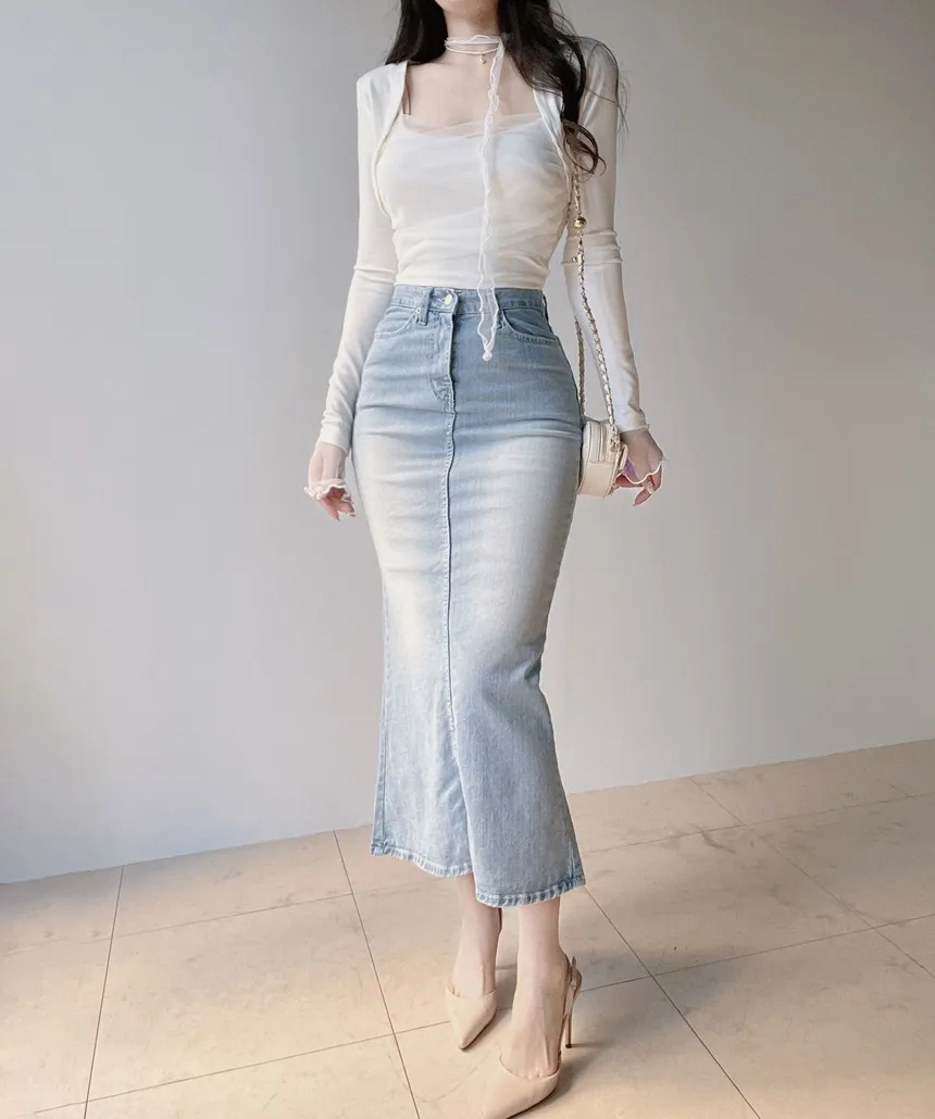 ハイウエストマーメイドロングウォッシングスリットライトブルーデニムスカート | mirangmirang | 詳細画像9