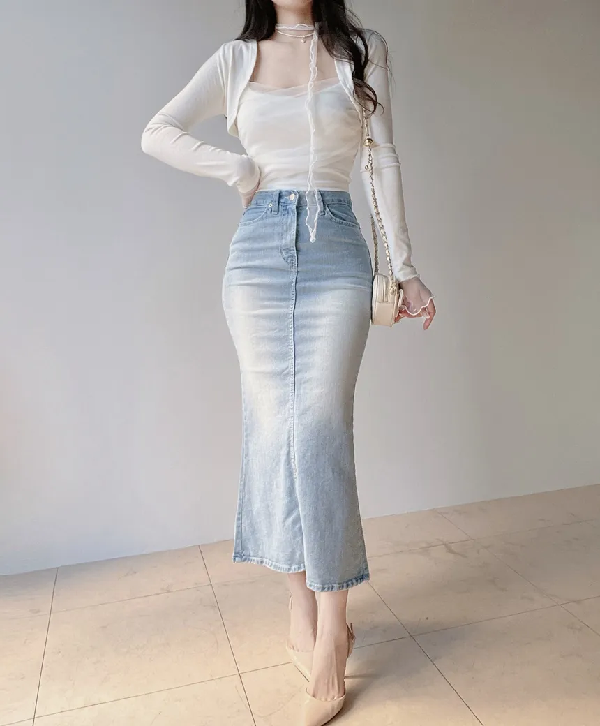 ハイウエストマーメイドロングウォッシングスリットライトブルーデニムスカート | mirangmirang | 詳細画像10