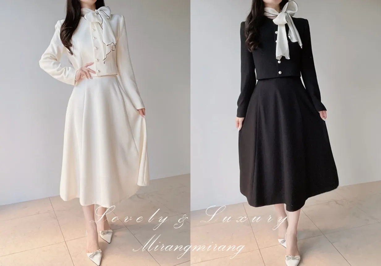 ツイードラウンドネックパール調ボタン肩パッドジャケットスカーフ付 | mirangmirang | 詳細画像1