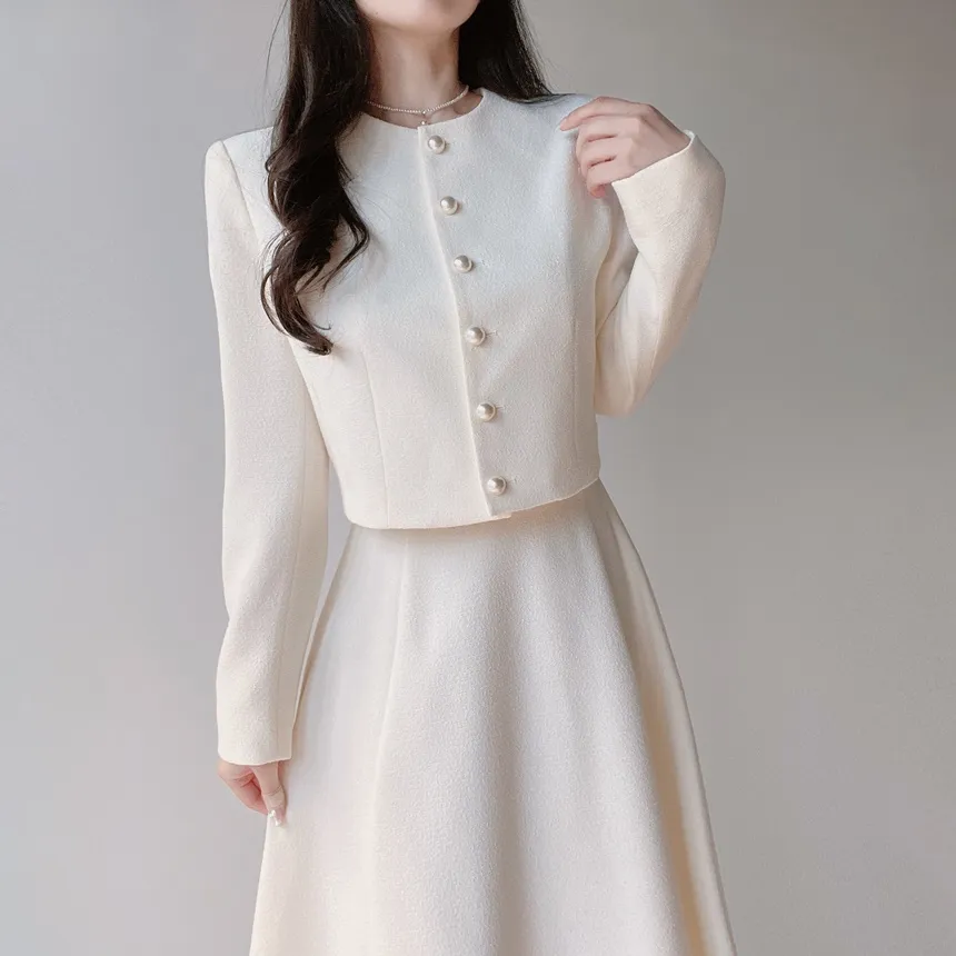 ツイードラウンドネックパール調ボタン肩パッドジャケットスカーフ付 | mirangmirang | 詳細画像28