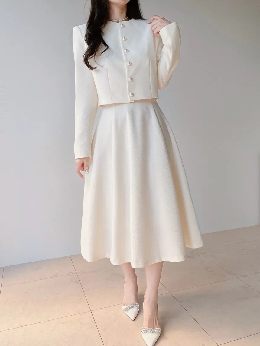 ツイードラウンドネックパール調ボタン肩パッドジャケットスカーフ付 | mirangmirang | 詳細画像31